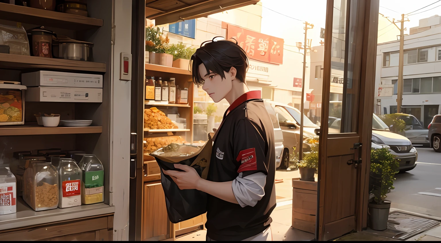 人物：

Chen Jianghai（male people）
Lin Wanqiu（femele）
Scenes：

On the doorstep：Chen Jianghai returned to his doorstep。
Grain and oil stores：Chen Jianghai went to the grain and oil store at the end of the street to buy rice。
Home kitchen：Chen Jianghai prepares dinner in the kitchen at home。