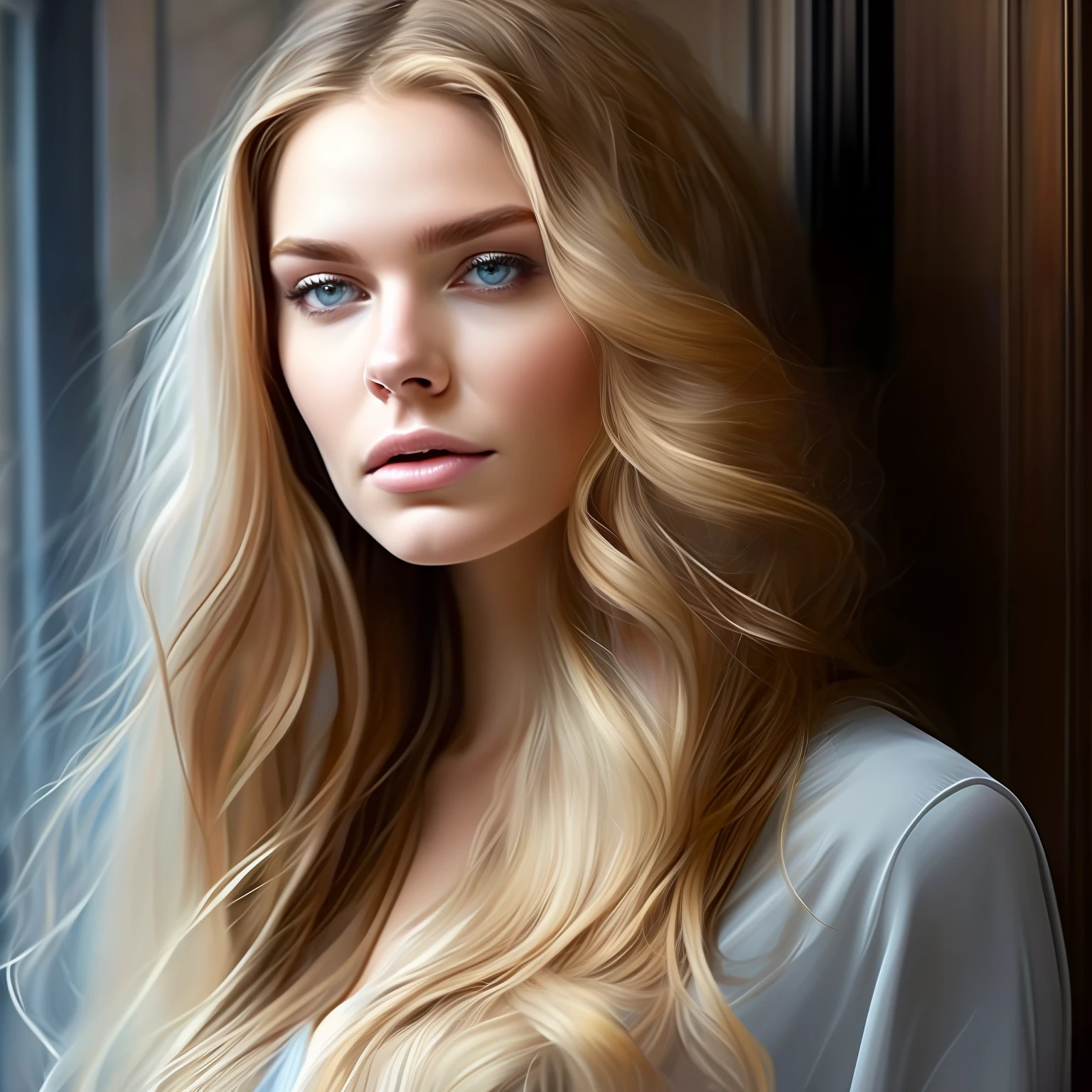 high weist portrait of blonde beautiful girl portrait that echoes her strength, resilience, and beauty. Feyre's portrait should frame her face, allowing her captivating features to take center stage. Start with her blue eyes, the windows to her soul. They are vibrant and expressive, reflecting a depth of emotions accumulated through her journey. Her strong jawline and high cheekbones reveal her determination and resilience, while her soft, full lips convey her capacity for love and compassion. Her long blonde, flowing hair should cascade around her shoulders, in light blue shimmery fantasy dress