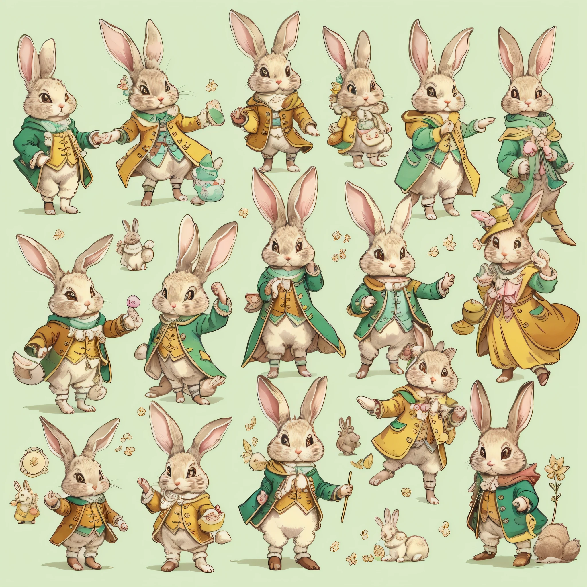 An ultra-high picture quality、Super delicate、Character design drawings、Full body like、Multiple Pose、Multiple facial expressions、((Anthropomorphic cute rabbit))、Cute characters from fairy tales、Cute rabbit in coat、18th century French clothing、Colorful colors、