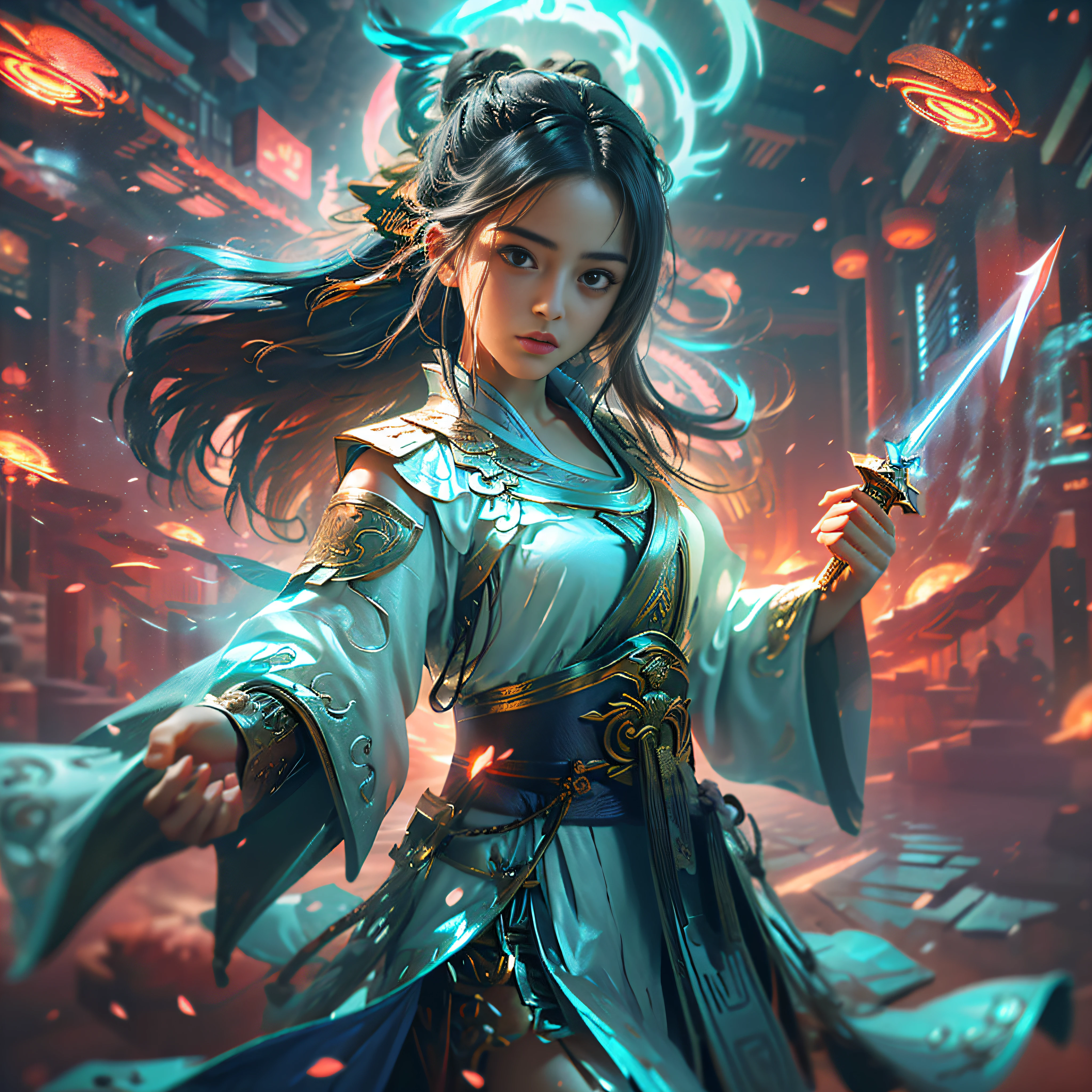 Dramatic sky, blue lightning Style: masterpiece, best quality, 8k, sharp focus, realistic, (detailed)), (around the flame, around the halo) ((dynamic pose)), ((good highlights), (perfect proportions), (dynamic), (complex), (complementary colors), good perspective, ung Chinese girl with a short sword in her hand, dancing forward and floating out petals, --auto --s2
