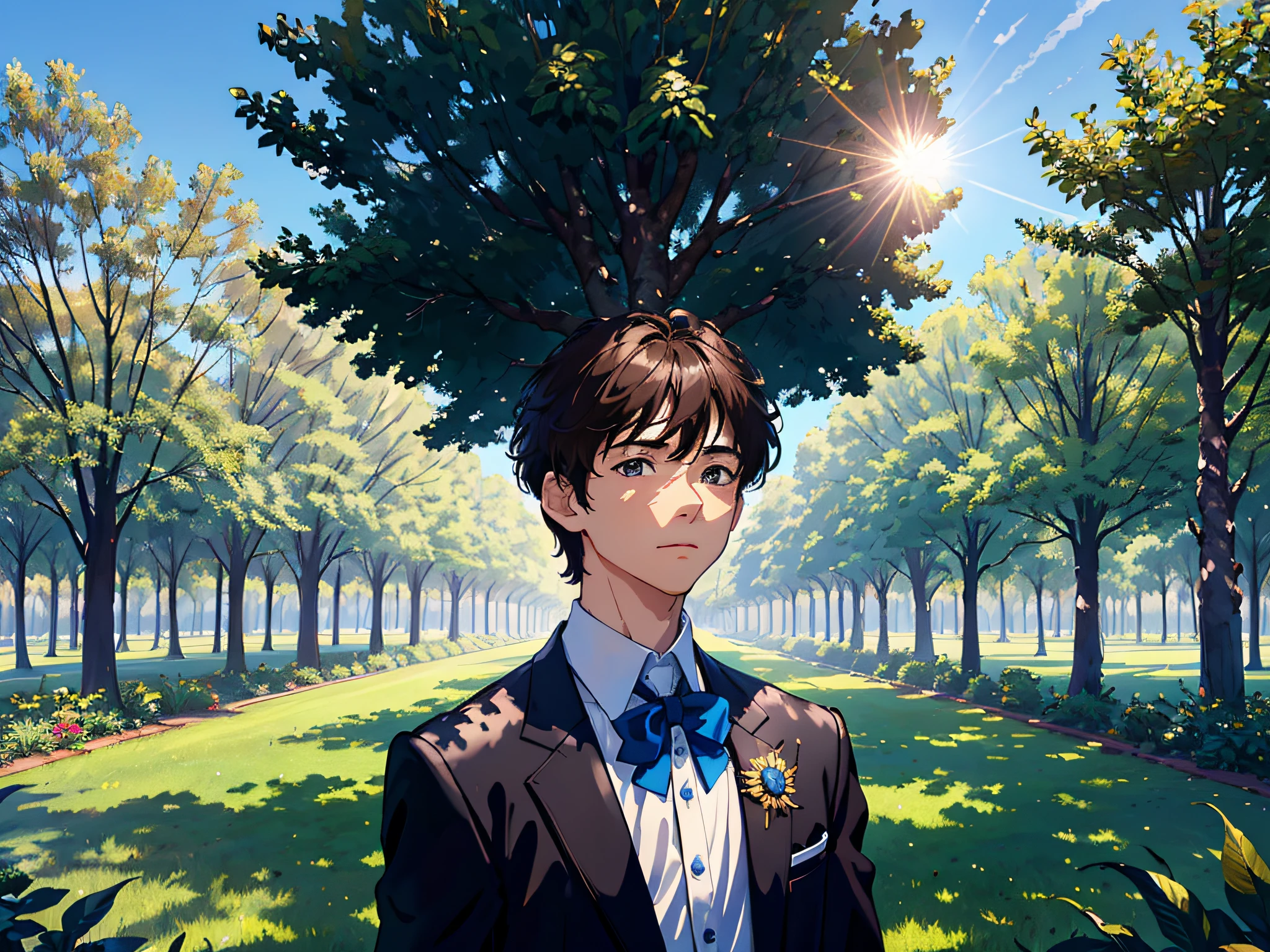 grand master,tmasterpiece,8k wallpaper,CG,super high image quality,light and shadow effect,
(A boy with short brown hair stands on campus in a white shirt:1.9)
blue-sky,baiyun,rays of sunshine,pupils,school ground,big trees
(- Bust photo display:1.5)