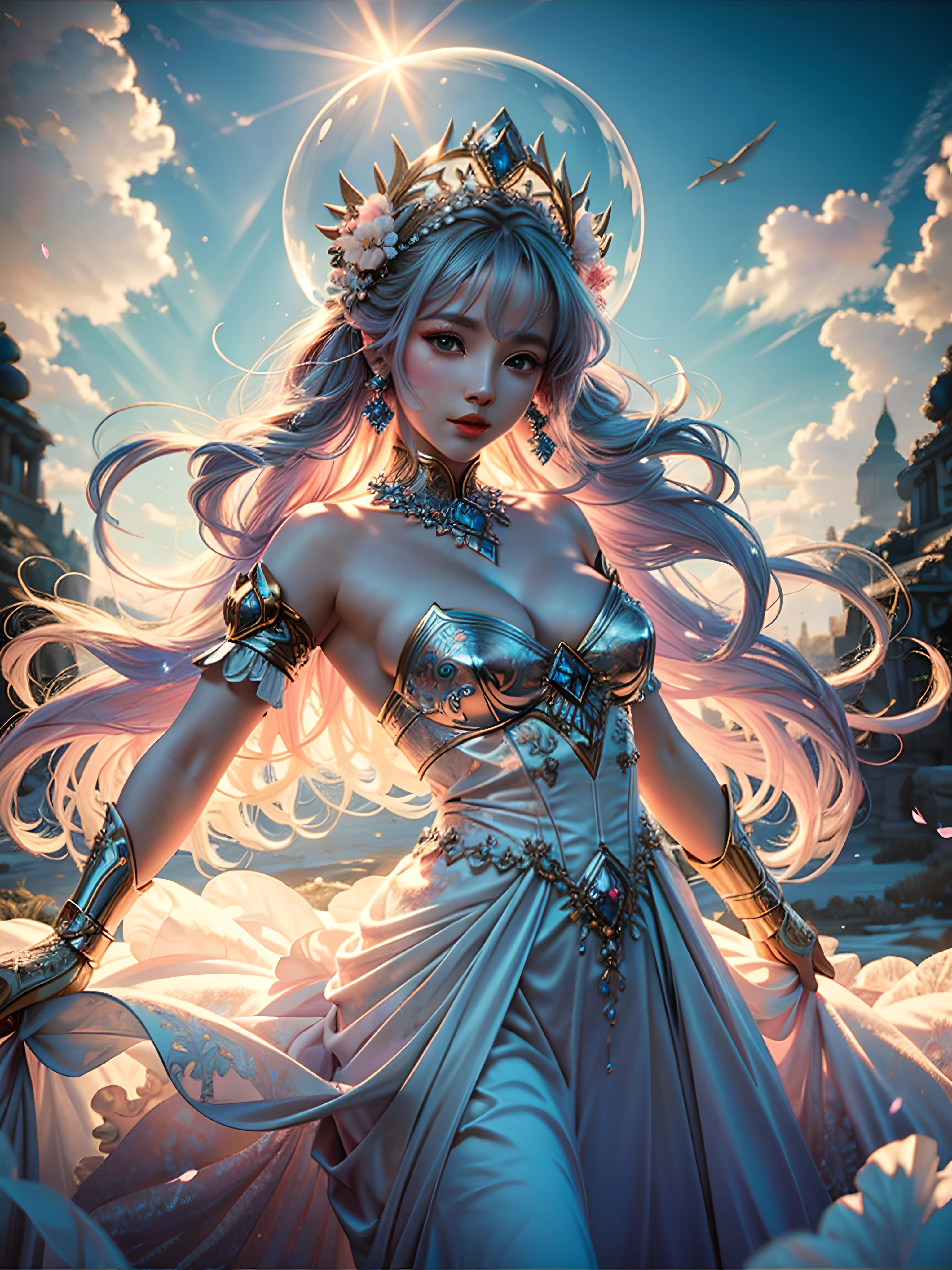 best quality, masterpiece, Surreal fantasy style, a goddess of all adorable fluffy and sweet dancing in the sunlight on a cloud of cotton candy, dreamy, (hyper detailed face:1.2), soft light, sunlight, ray tracing, lots of flowers, full length shot, soft illumination, highly detailed, 8k