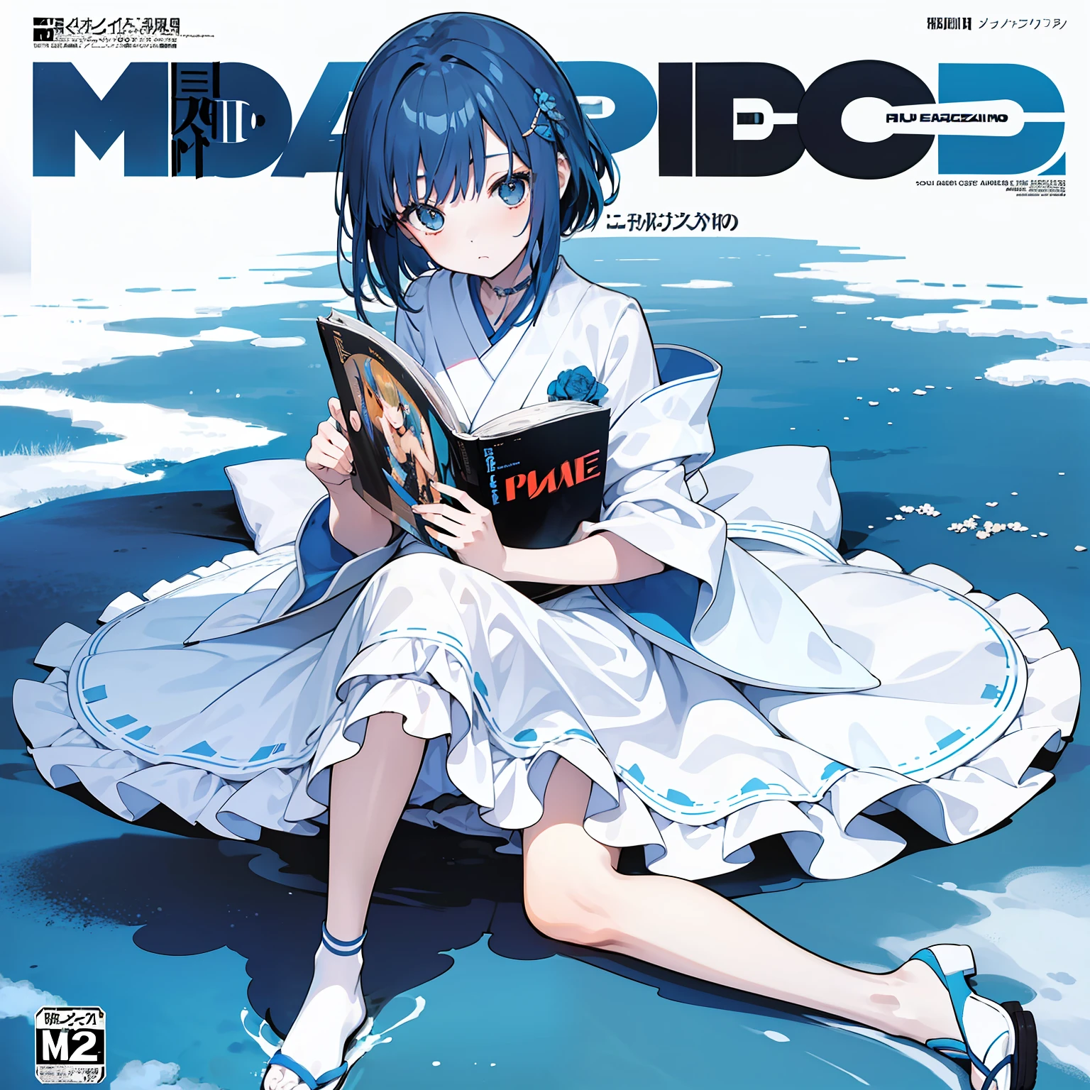 masterpiece, best quality, full body, (1girl), ((solo)), (), (dress princess), (Messy Japanese Round Haircut for Thick Hair), (blue hair), (magazine:1.3), (cover-style:1.3), fashionable, White background