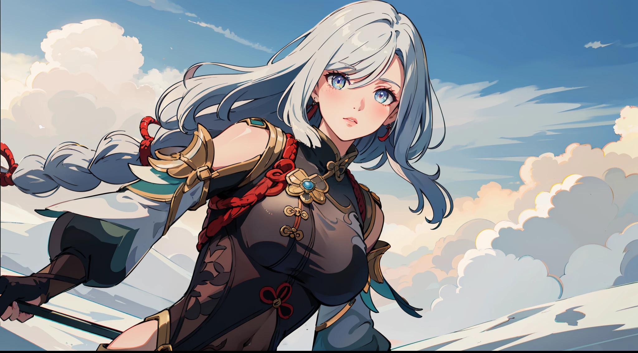 shenhedef, upper body, seductive look, blush, outdoors, snowflake scenery, looking at viewer, cloudy, moody lighting, (perfect detail eyes:1.2), glowing eyes, (long hair one braid:1.2), elemental skill effect, (Masterpiece, Best Quality, High Quality:1.4), professional artwork, Intricate Details, field of view, sharp focus, detailed painting, photorealistic lighting, trending on pixiv, (vivid lighting, vibrant colors:1.05), realistic shadows, ambient occlusion, (athletic body:1.3), mature woman, 30yo,