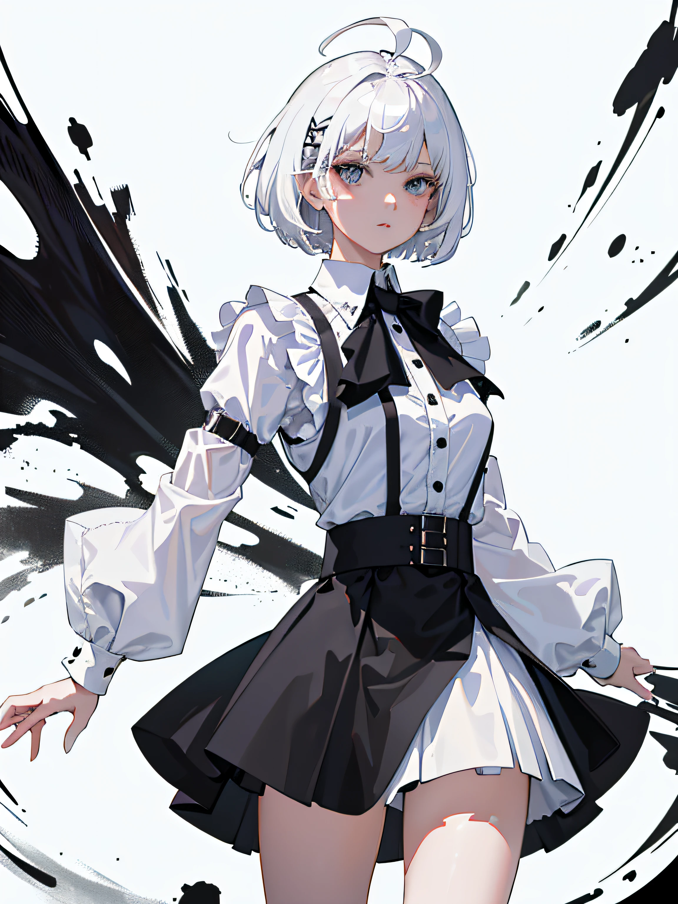 ((masterpiece, best quality)), (1girl), (solo), (female focus), (ahoge, white hair, short hair), black eyes, ((white shirt), (buttoned shirt)), ((black skirt), (short skirt)), standing, white background, behind arms,