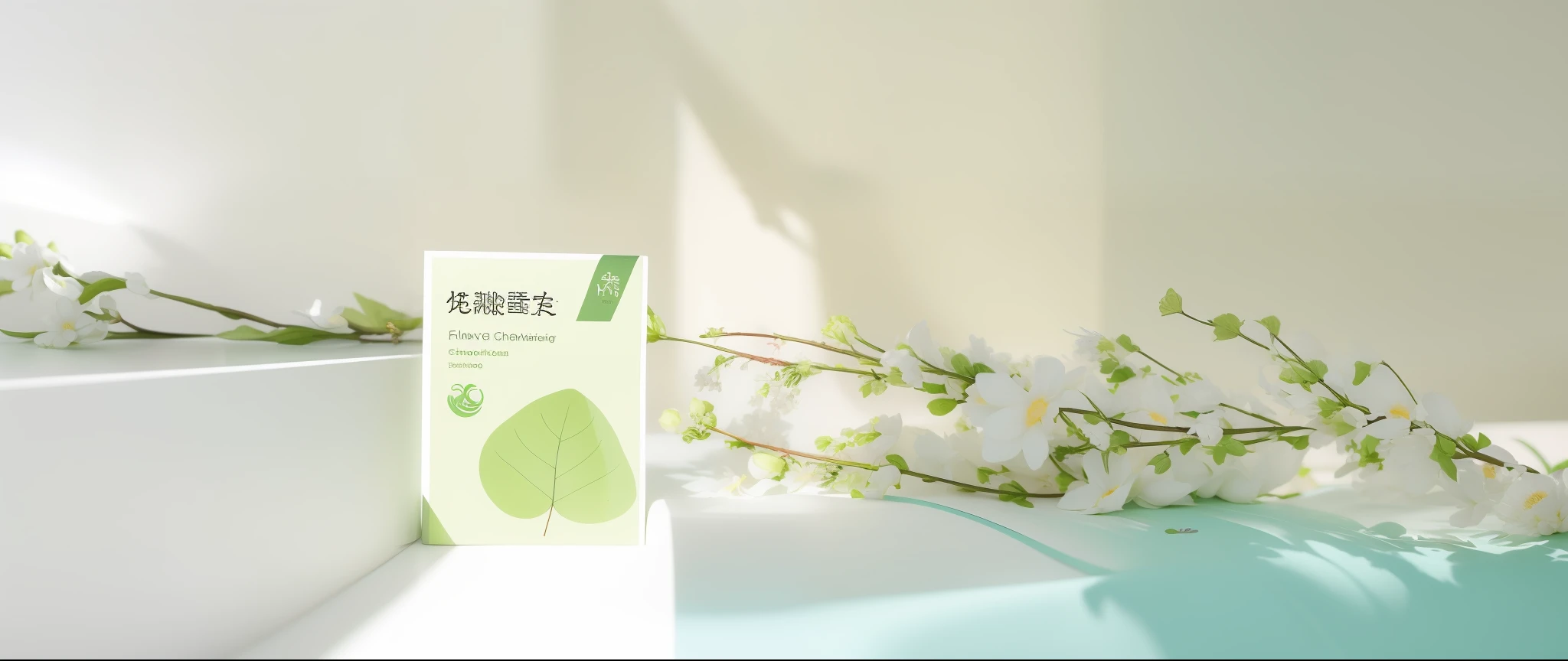 Next to the flower there are green leaves on a white card, product introduction photos, Inspired by Xiao Yuncong, Inspired by Huang Ji, inspired by Liu Haisu, inspired by Ma Yuanyu, Product photo, inspired by Cao Buxing, Official product image, japanese collection product, inspired by Xie Shichen, miniature product photo