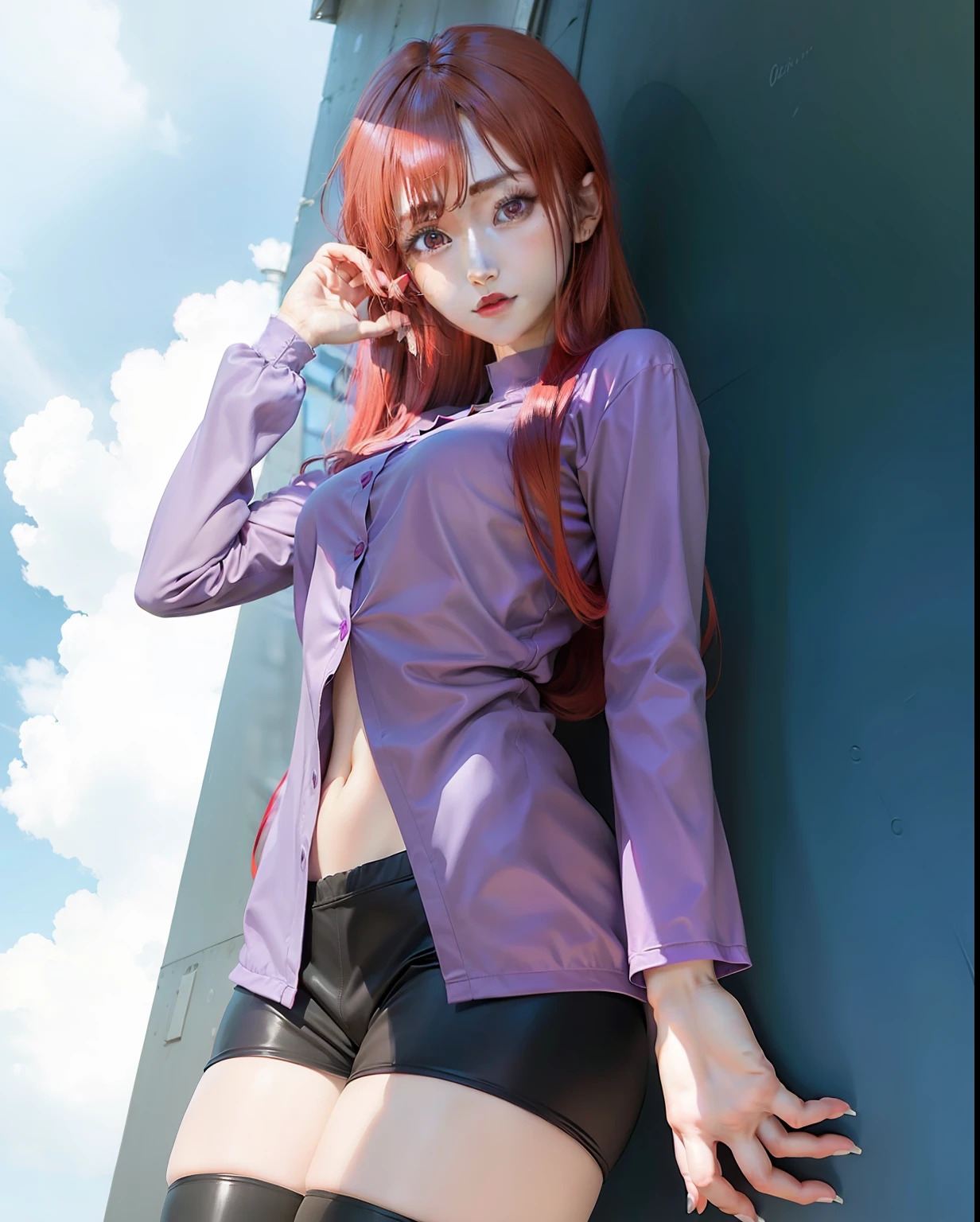 1girl, karin uzumaki, redhair hair, purple clothes, red eyes, realistic, ultra detail
