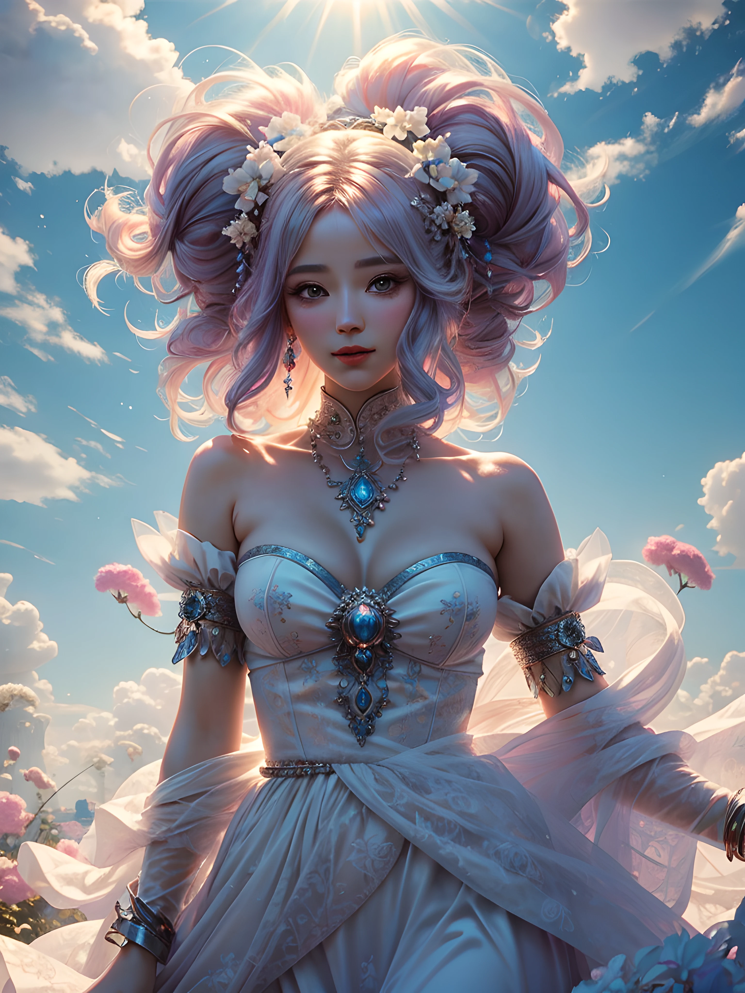 best quality, masterpiece, Surreal fantasy style, a goddess of all adorable fluffy and sweet dancing in the sunlight on a cloud of cotton candy, dreamy, (hyper detailed face:1.2), soft light, sunlight, ray tracing, lots of flowers, full length shot, soft illumination, highly detailed, 8k