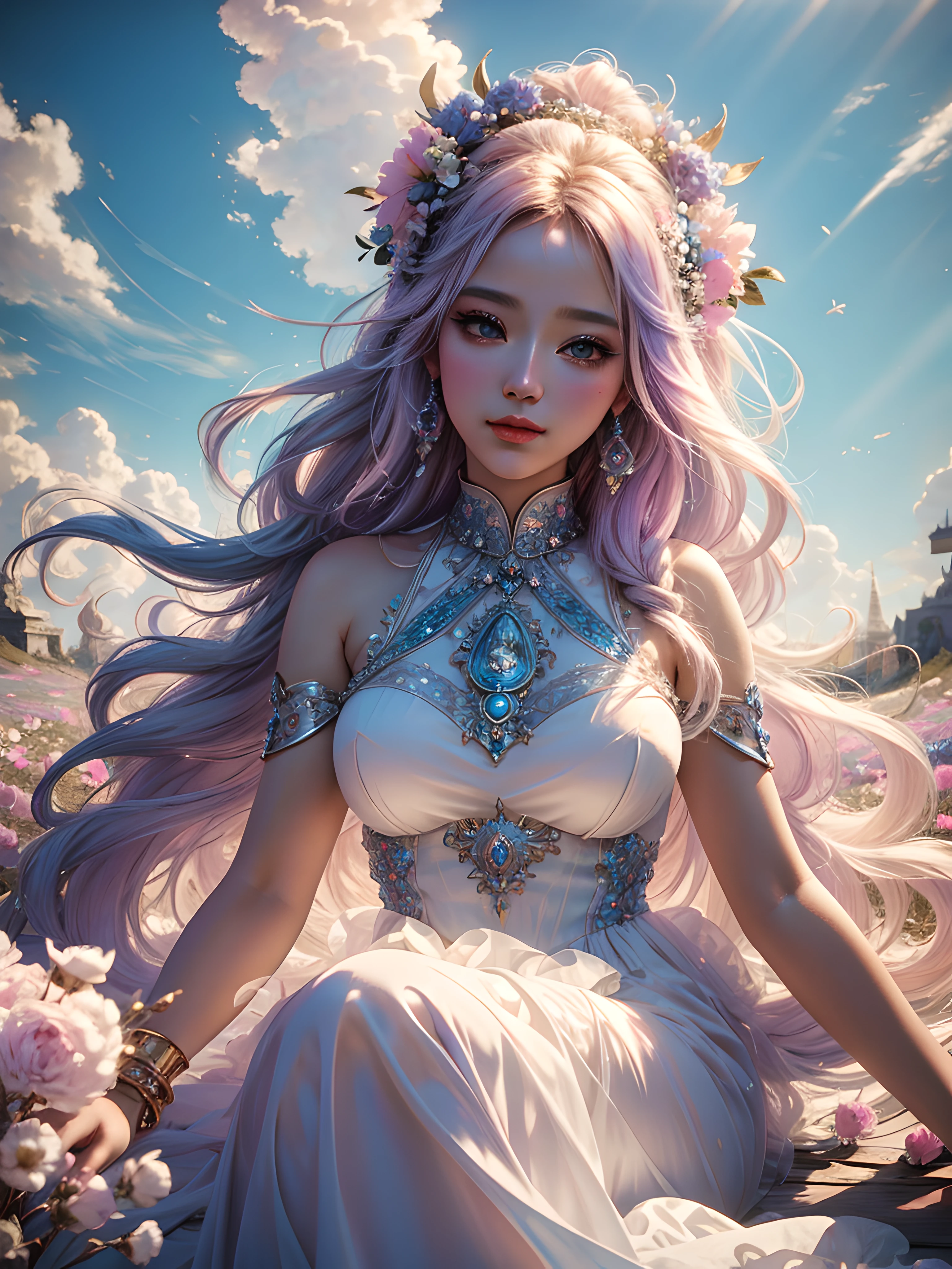 best quality, masterpiece, Surreal fantasy style, a goddess of all adorable fluffy and sweet dancing in the sunlight on a cloud of cotton candy, dreamy, (hyper detailed face:1.2), soft light, sunlight, ray tracing, lots of flowers, full length shot, soft illumination, highly detailed, 8k