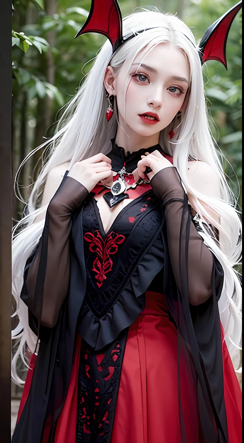 masterpiece, best quality, 8k, beautiful girl, a vampire girl with platinum white hair with pinkish white skin, along with blood red eyes and a hot body wearing a long red and black dress.  in some red motifs, on the head there is a bat-shaped clip with red and black color on the mouth has 2 fangs slightly protruding a bit standing in a field behind in the distance is a dense forest  theater (perfect fingers, full body), highest detailed, extreme detailed, ultra detailed, finely detail, real skin, delicate facial features, detailed face and eyes, sharp pupils, realistic pupils