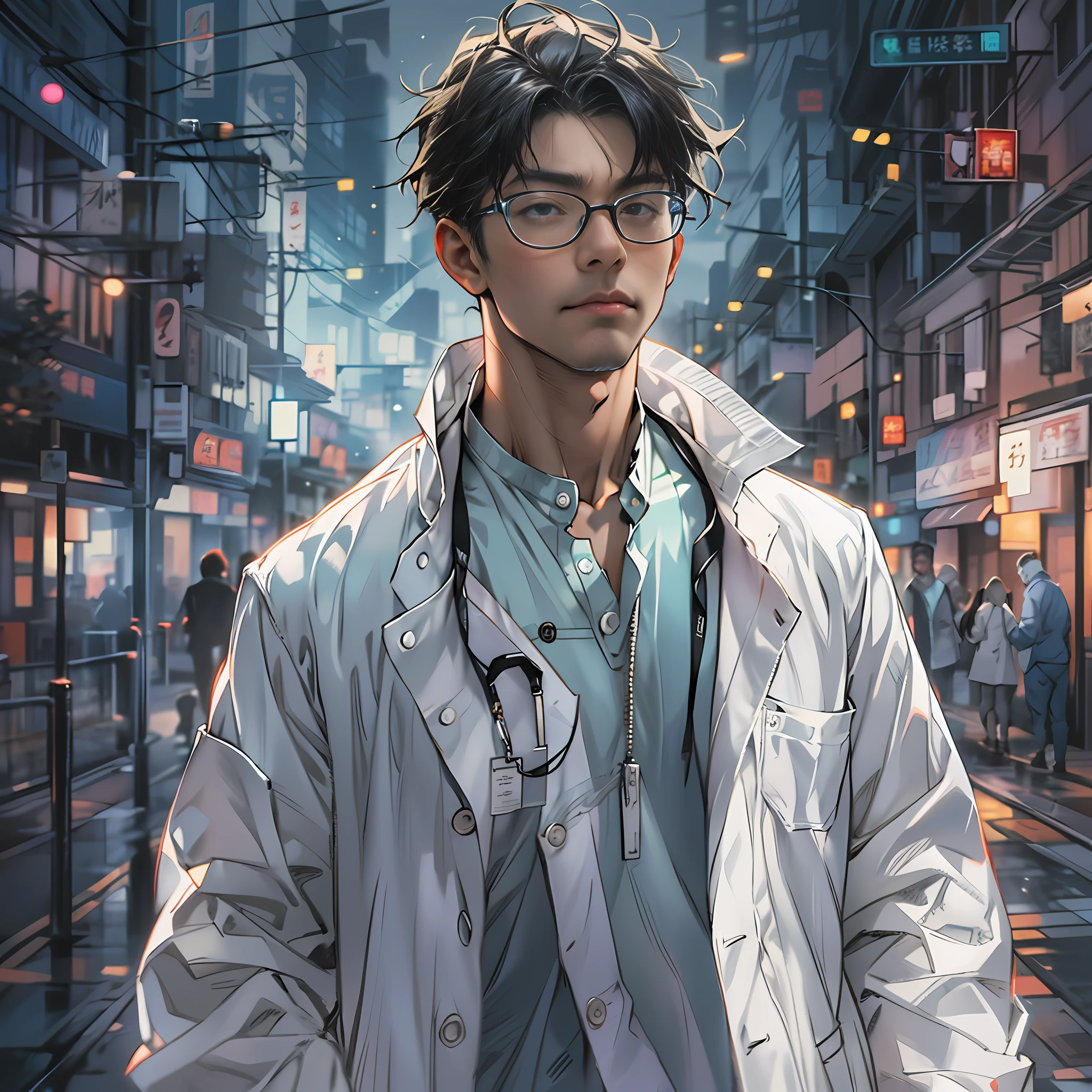 this is an art drawing that shows a young man in a lab coat walking in a city, ,in the style of the stars art group xing xing,  marvel comics, meticulous portraiture, kawacy, close-up intensity, familiar domestic scenes, xu beihong, 32k, best quality, masterpiece, super detail, high details