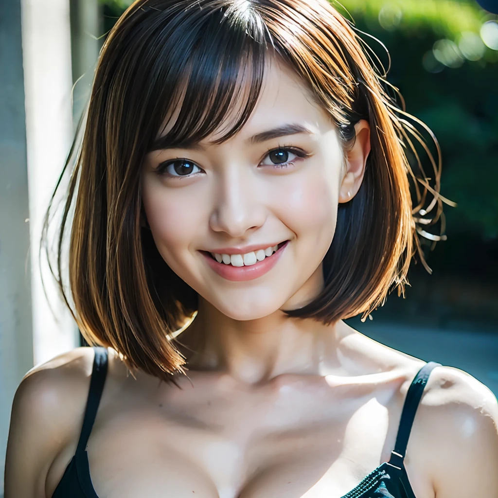 (Best Quality, masutepiece, Ultra High Resolution, (Photorealistic:1.4), Raw photo), (1girl in, upperbody shot, bird, look at viewr), (Big breasts, Giant tits), Black medium bob hair, beautiful and shiny skin, ultra beautiful faces, Perfect eyes, perfect detailed body, Smiling