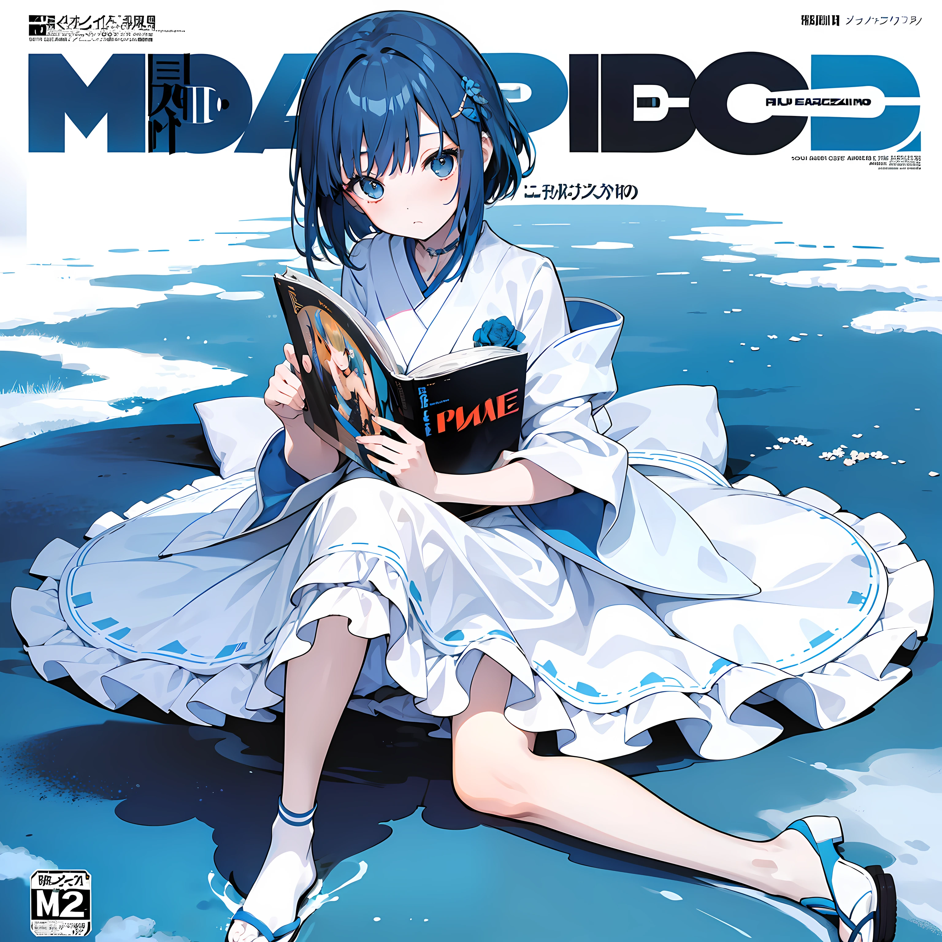 masterpiece, best quality, full body, (1girl), ((solo)), (fourteen years old), (dress princess), (Messy Japanese Round Haircut for Thick Hair), (blue hair), (magazine:1.3), (cover-style:1.3), fashionable, White background