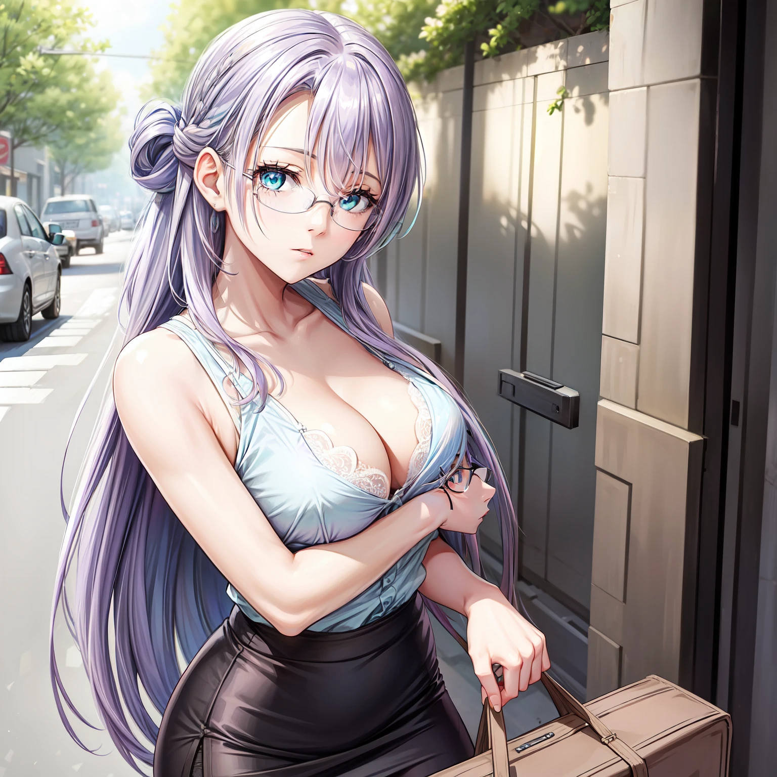 1 girl, lavender hair, long hair, lavender mature half updo, bangs hanging on the left side shoulder length hair strands hanging on either side tucked behind ears, light blue green eyes, Women's rimless glasses, large breast, Women's sleeveless, see through bra, brown pencil skirt, pair black stocking, outdoor, perfect finger shape, the number of fingers is not excessive