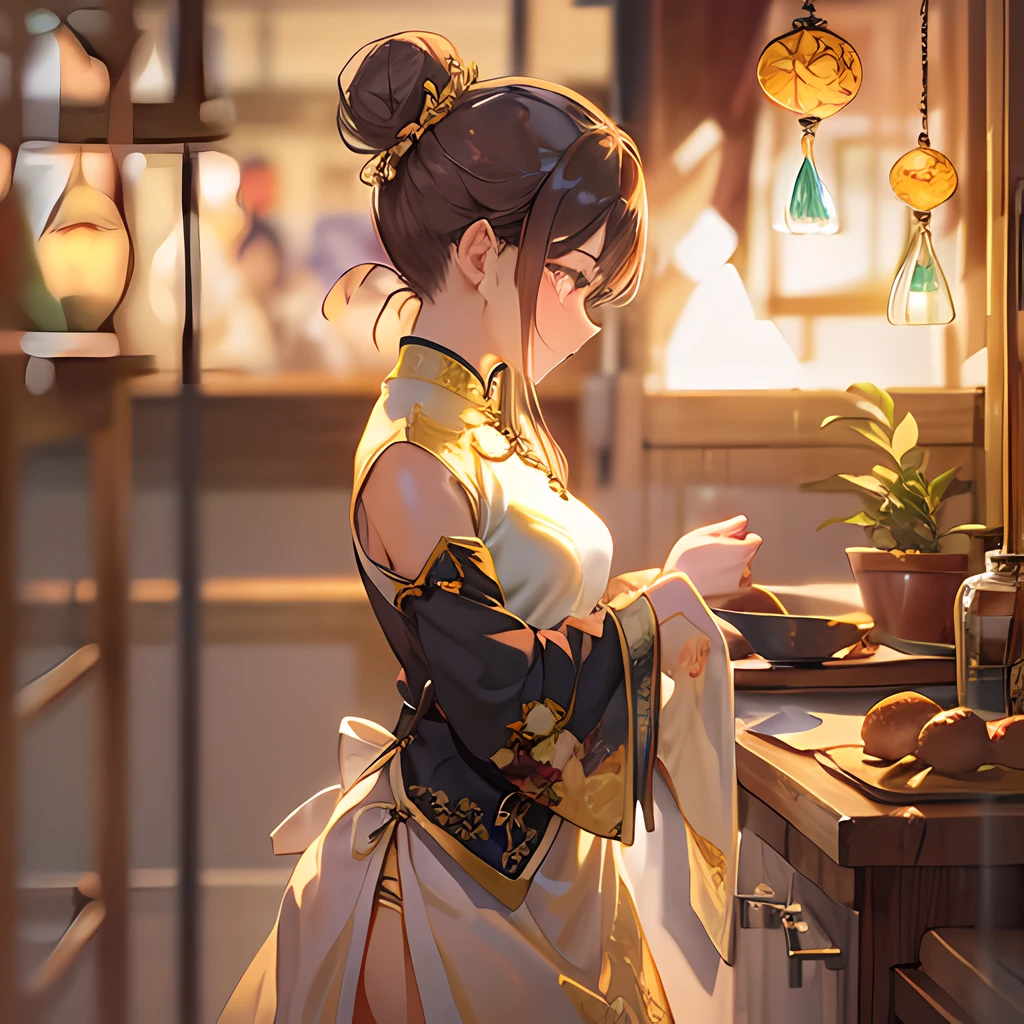 Magic Hour、Golden hair、Bun hair、Tight cheongsam without sleeves、、Sauce order、Shyness、Looking away、Rembrandt lighting、Western-style room、Light source from outside the window、