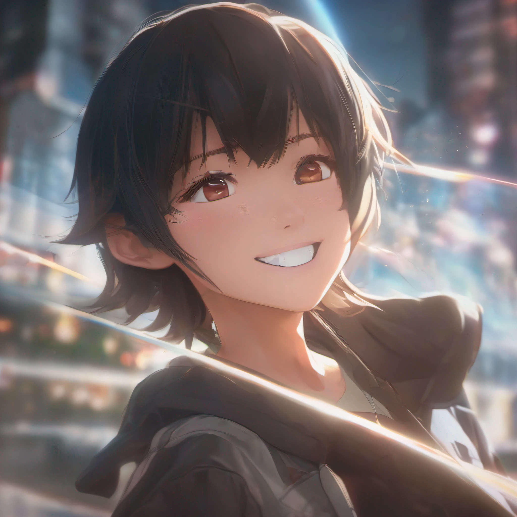 side view, black hair, crossed bangs, glowing eyes, smile, viewfinder, character chart, zoom layer, projected inset, pov, blurry foreground, lens flare, f/4.0, 85mm, Sony FE, Sony FE GM, chiaroscuro, depth of field, cinematic lighting, chromatic aberration, sparkle, glowing light, ray tracing, backlighting, Fujicolor, vignetting, Surrealism, anime style, Verism, UHD, retina, masterpiece, ccurate, textured skin, highres, award winning, high details, high quality, best quality,1 boy