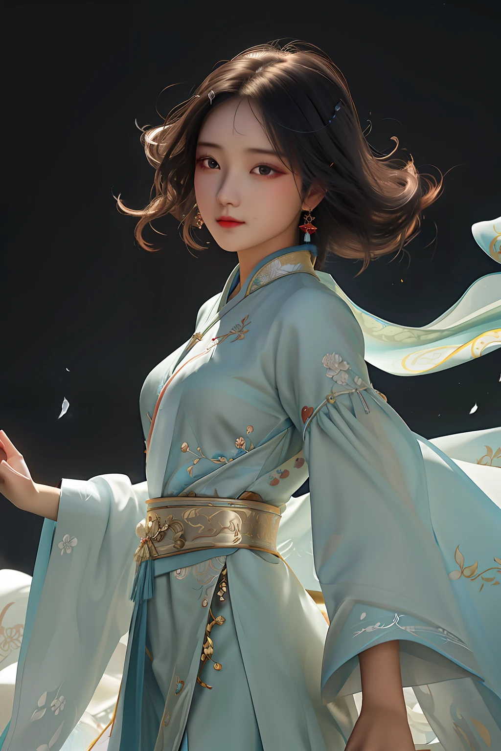 wearing blue dress，Araki woman with white shawl, Palace ， A girl in Hanfu, Hanfu, White Hanfu, Wearing ancient Chinese clothes, with acient chinese clothes, Flowing robes, by Russell Dongjun Lu, author：yanjun cheng, Guviz-style artwork, Beautiful rendering of the Tang Dynasty, Chinese costume, flowing magical robe