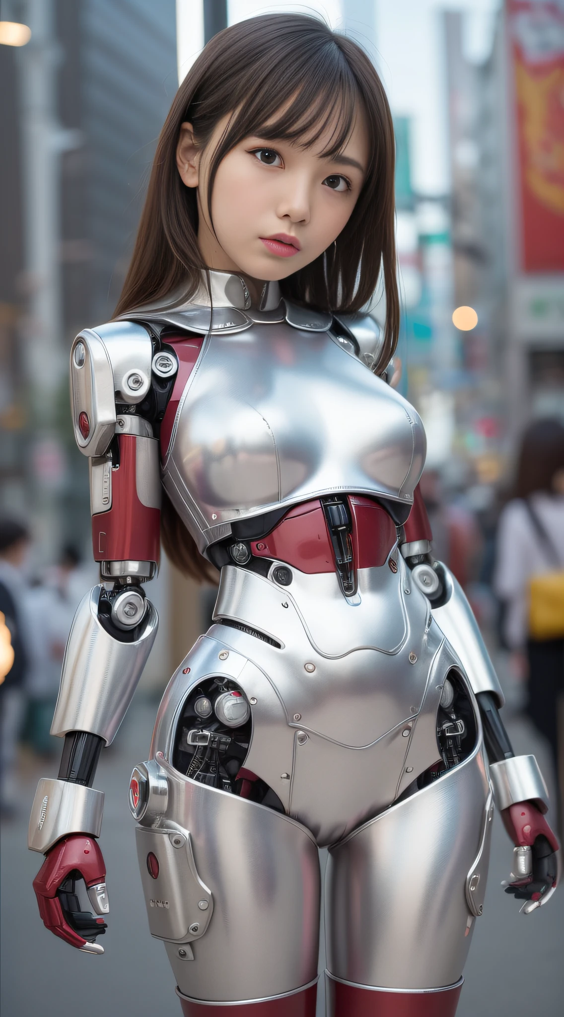 (Photorealsitic:1.4)、Onegirl、(top-quality),(hyperdetailed face)、(Super well-formed face)、((Robot Parts))、(Cyborg girl)、(Burgundy)、(metalic)、(fullllbody)、(Moe Pose)、(Slender body)、(tits out)、(Model body type)、(mecha exposure)、(akihabara)、(is looking at the camera)、(A dark-haired)、(9Head and body)、(a small face)、(Idol)、(front facing)、(is standing)、(Photo session)、(Looks sad)、(Cyborg girl in silver satin blouse)、(sleeve less)、(a miniskirt)、(K-POPthe wind)
