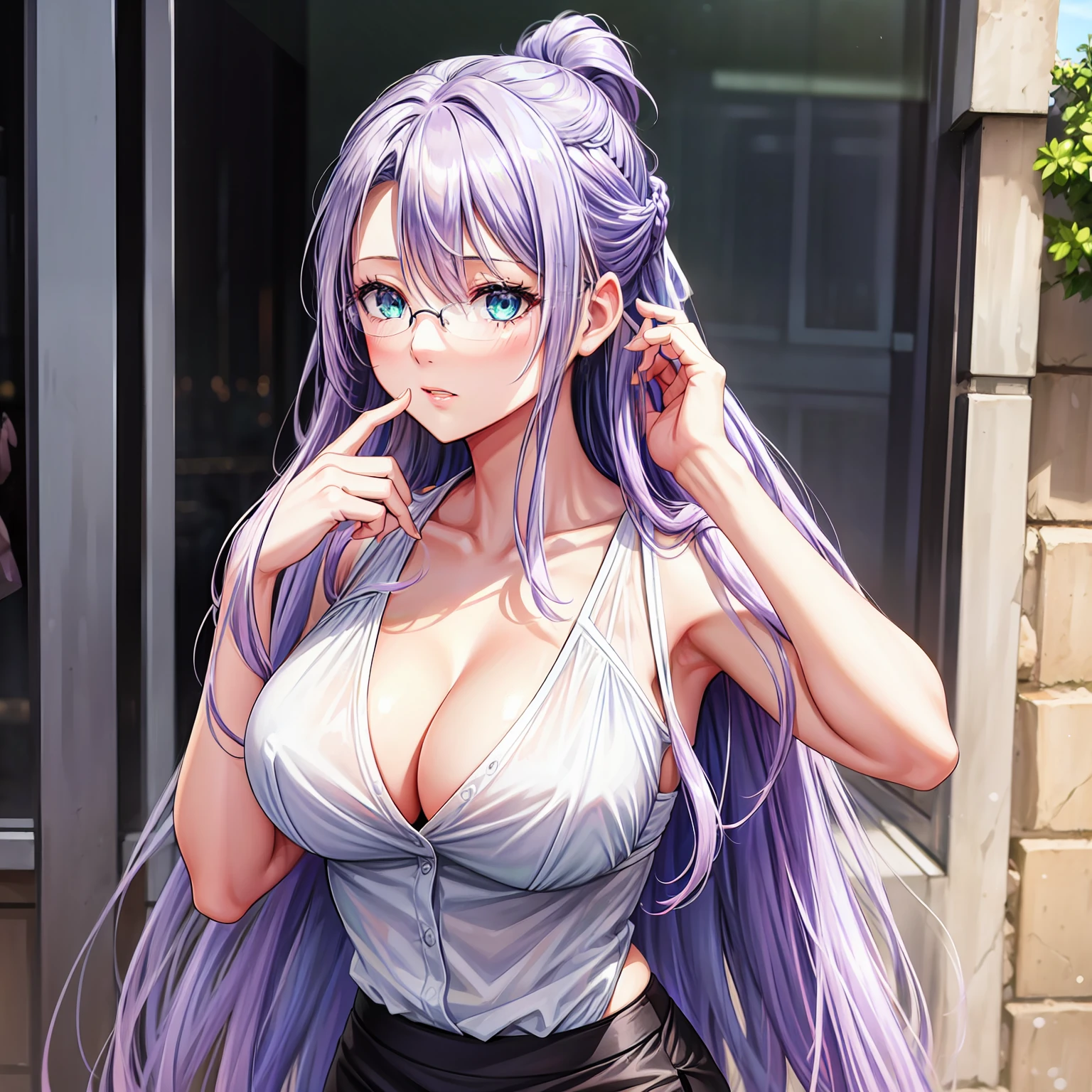 1 girl, lavender hair, long hair, lavender mature half updo, bangs hanging on the left side shoulder length hair strands hanging on either side tucked behind ears, light blue green eyes, Women's rimless glasses, large breast, Women's sleeveless, see through bra, brown pencil skirt, pair black stocking, outdoor, perfect finger shape, the number of fingers is not excessive