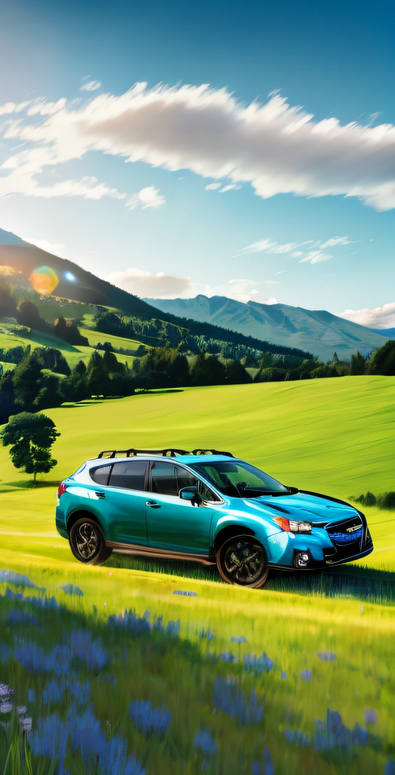 A Subaru sped across the grass,bright weather,Ultra-high-definition graphics,Lush meadows,Blur at close range,In the distance is a grassland,Blue sky,a warm color palette