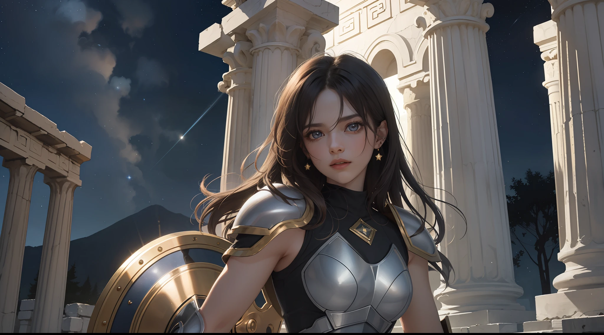 (Extremely detailed Cg Unity 8K wallpaper,Masterpiece, Best quality, Ultra-detailed, Beautiful detailed eyes:1.2),Best illumination, (Best shadow, An extremely delicate and beautiful, full bloom), 1girll,Solo,Large breasts，Heavy armor，complex patterns，Long hair,Holding a shield,Film filter, ,full bodyesbian,starlights，galactic，the night，Starcloud,Greek temple，dramatics，dynamicposes，illusory engine， (High detail: 1.9)