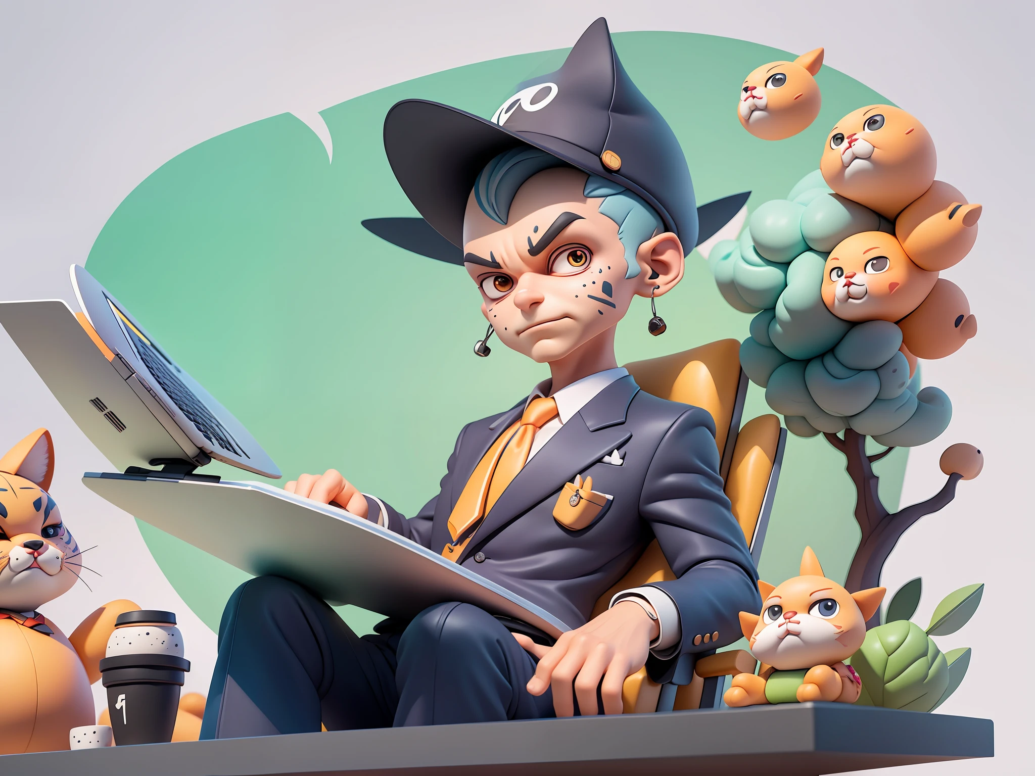 A young man in a suit and trousers sits at his desk,holding laptop,Cartoon style,Very detailed facial features,digitial painting,4K HD illustration,Mark Clairdon,tigre。