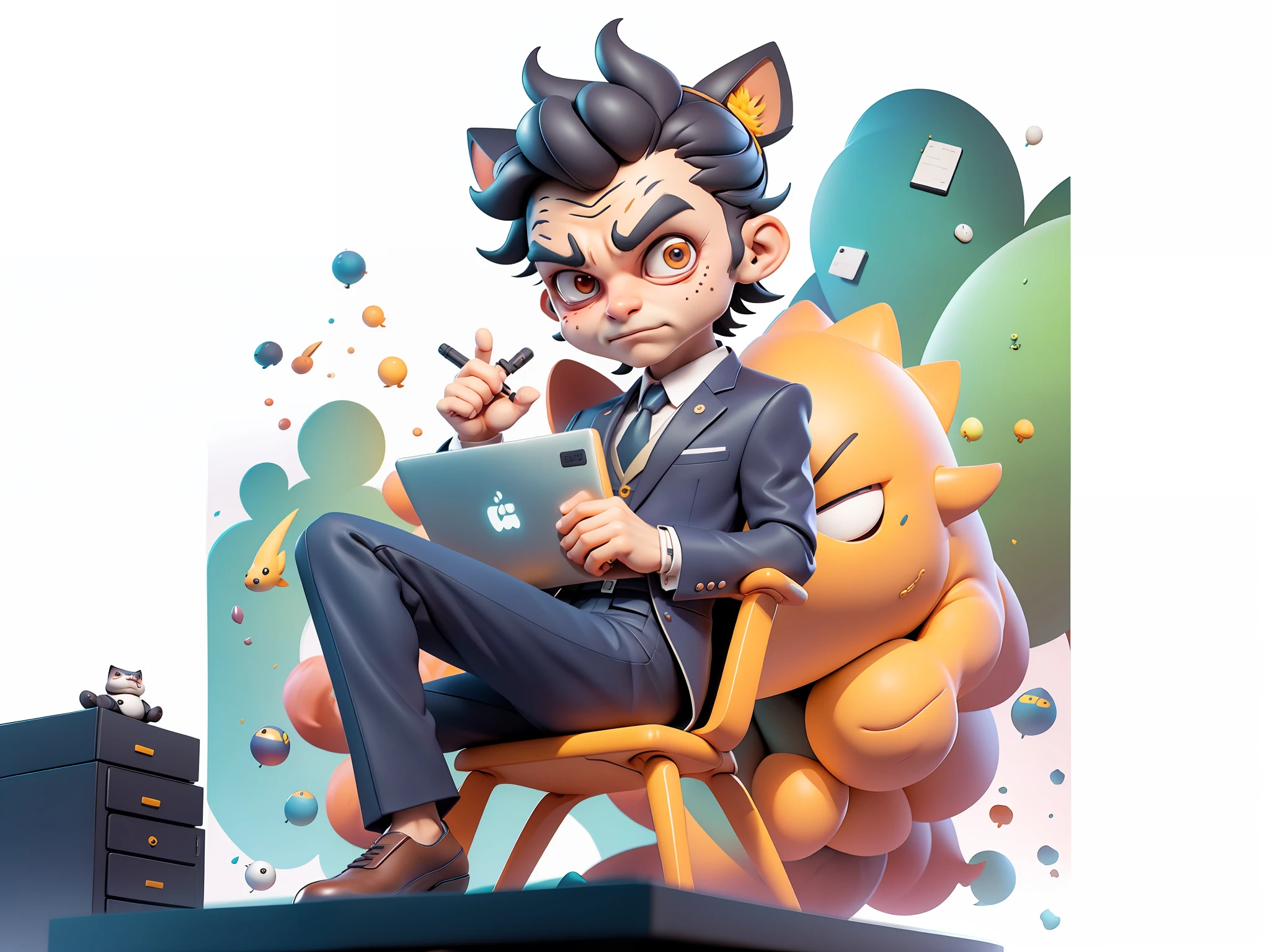 A young man in a suit and trousers sits at his desk，holding laptop，Cartoon style，Very detailed facial features，digitial painting，4K HD illustration，Mark Clairdon，tigre。