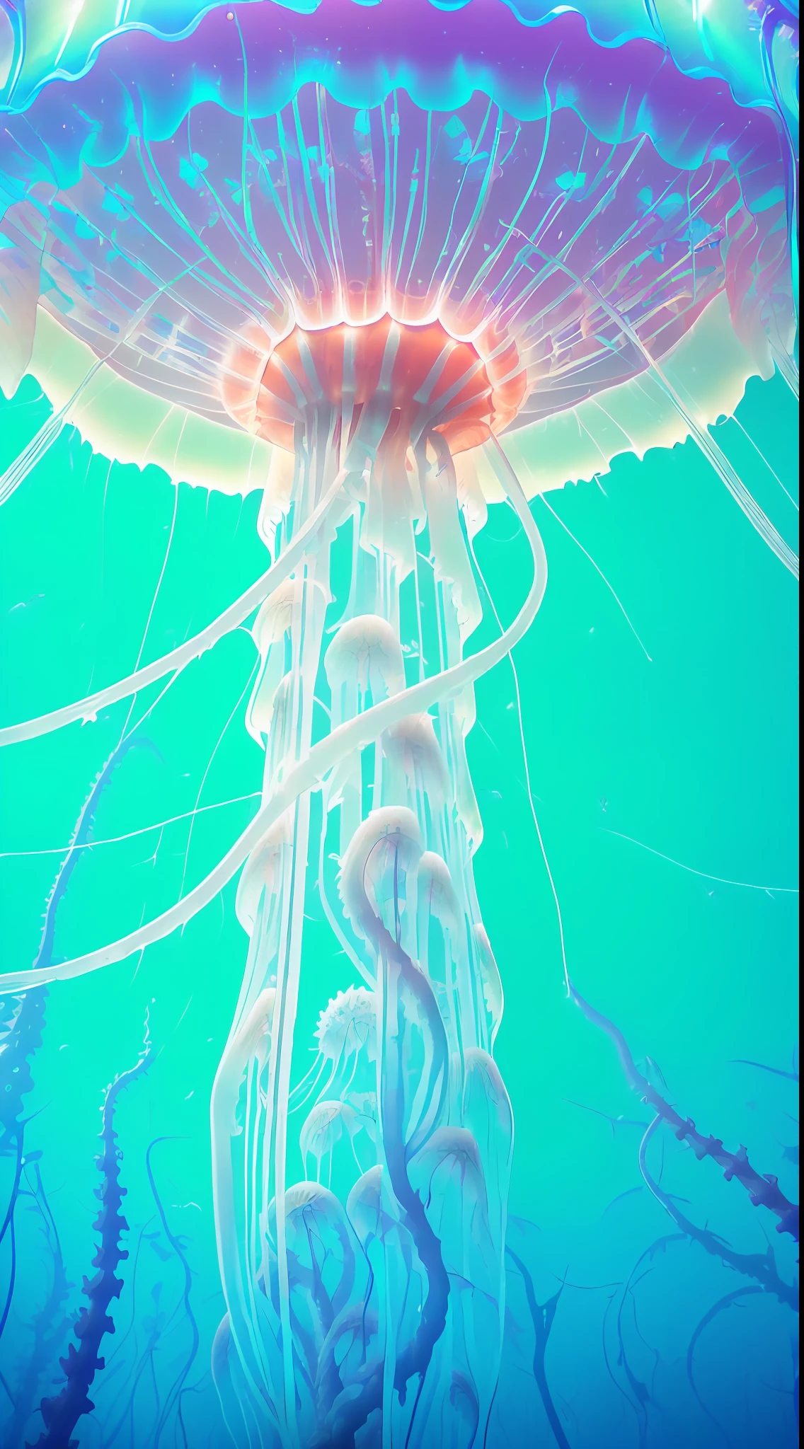 stålenhag, (Translucent fractal tree jellyfish，There are many tentacles，Grows out of a sea of foam:1.3), (Huge tangled knotted tentacles:1.2), (Brain organs in the intestines:1.4), Shiny wet oil fiber colorful surface, ultra - detailed,  art  stations, Eyes, Super mind