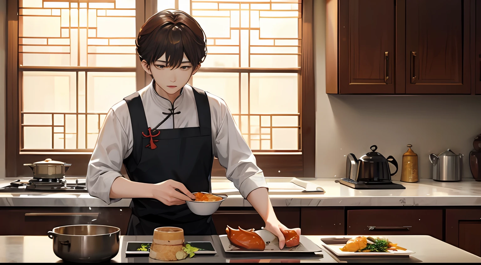 人物:
Chen Jianghai(male people)
Lin Wanqiu(femele)
Scenes:
Home kitchen:Chen Jianghai prepares dinner in the kitchen at home。
At home:Lin Wanqiu returned home and saw a table of rich dishes with all colors and aromas。