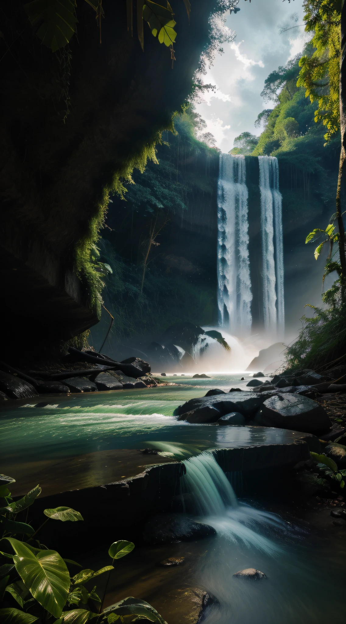 A rainforest filled with moisture，rays of sunshine，waterfallr，Overlooking the view，RAW photogr，Surreal Photo，Hyper-realistic images，8k，best qualtiy，tmasterpiece，超高分辨率，（Foto realism：1.4）， Rich in detail and color， （Irridescent color： 1.2）， （with light glowing， Atmospheric lighting）