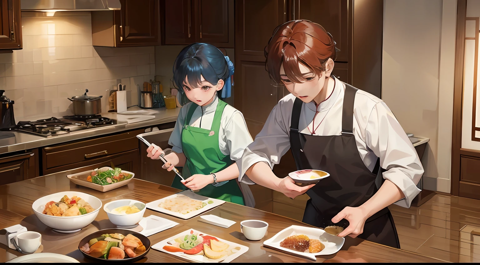 人物：

Chen Jianghai（male people）
Lin Wanqiu（femele）
Scenes：

Home kitchen：Chen Jianghai prepares dinner in the kitchen at home。
At home：Lin Wanqiu returned home and saw a table of rich dishes with all colors and aromas。