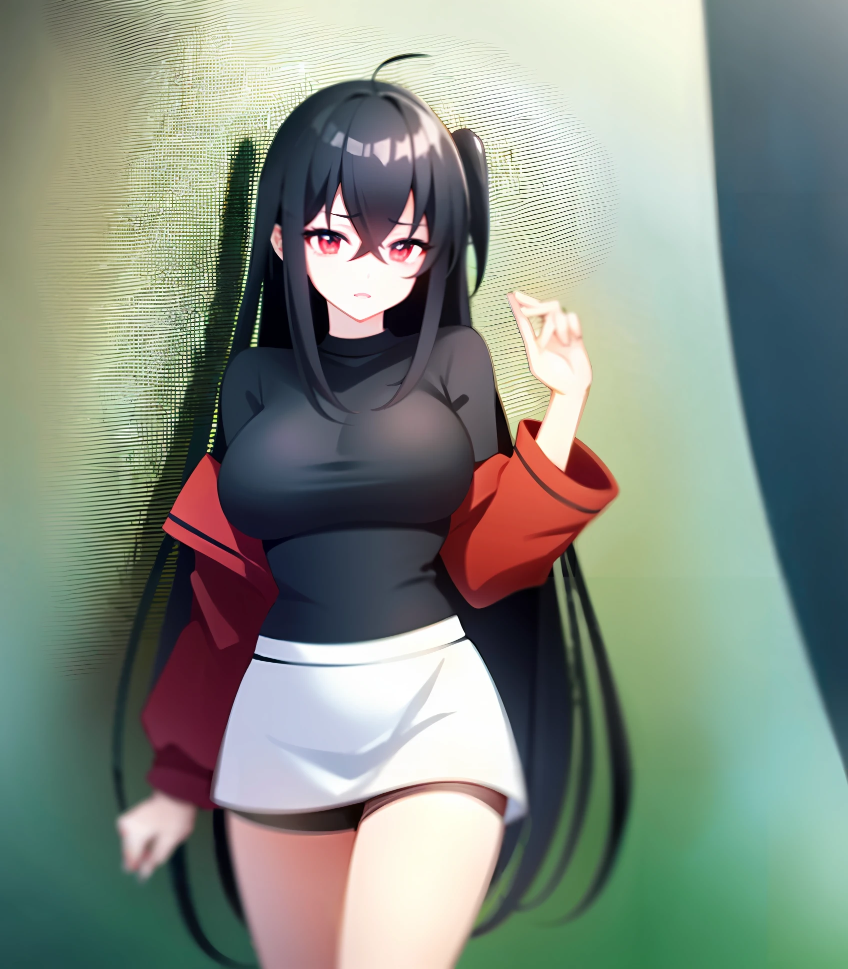 a pregirl，Black hair，White miniskirt，Red sweatshirt