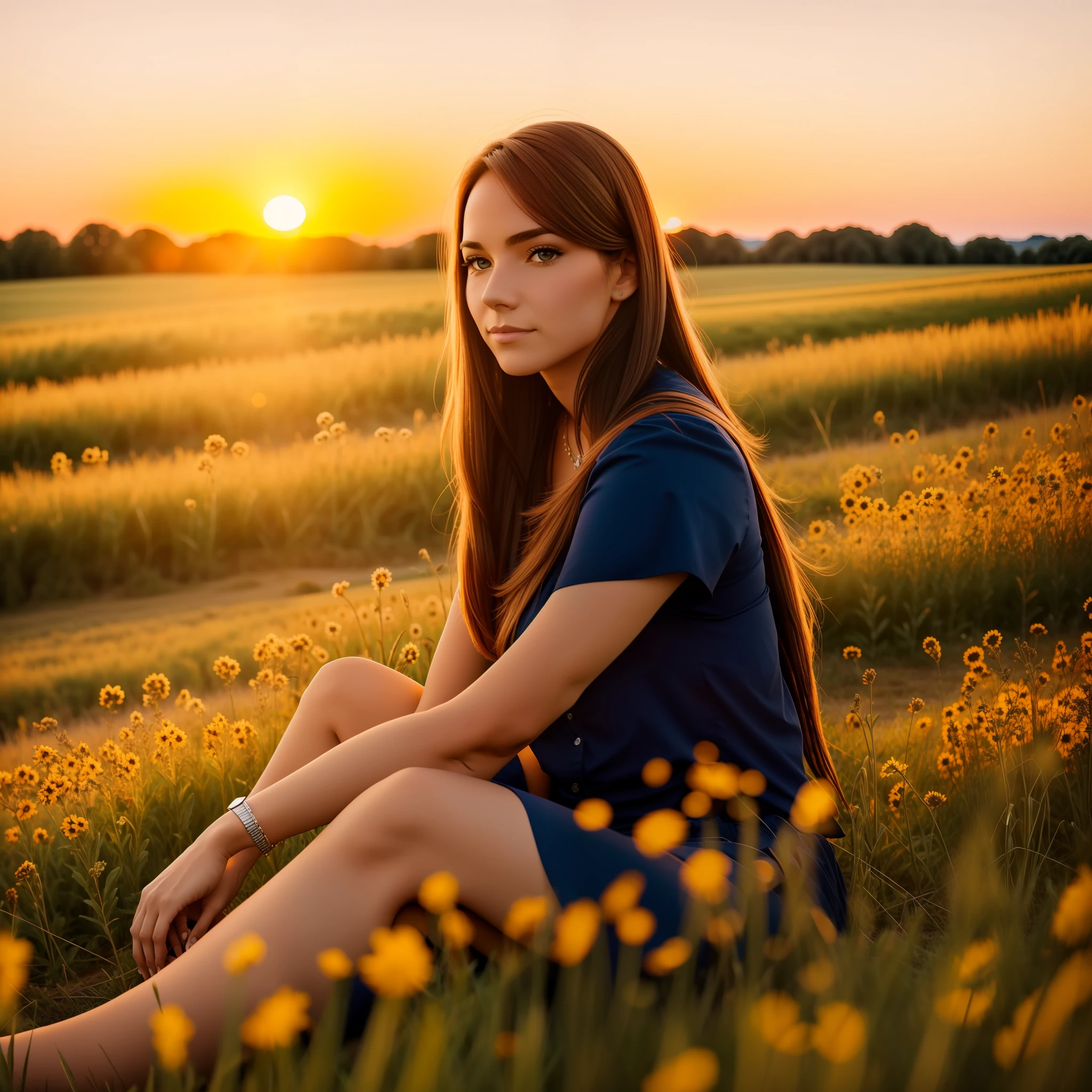a woman named Jessica sitting in field, sunset, 4k photo portrait