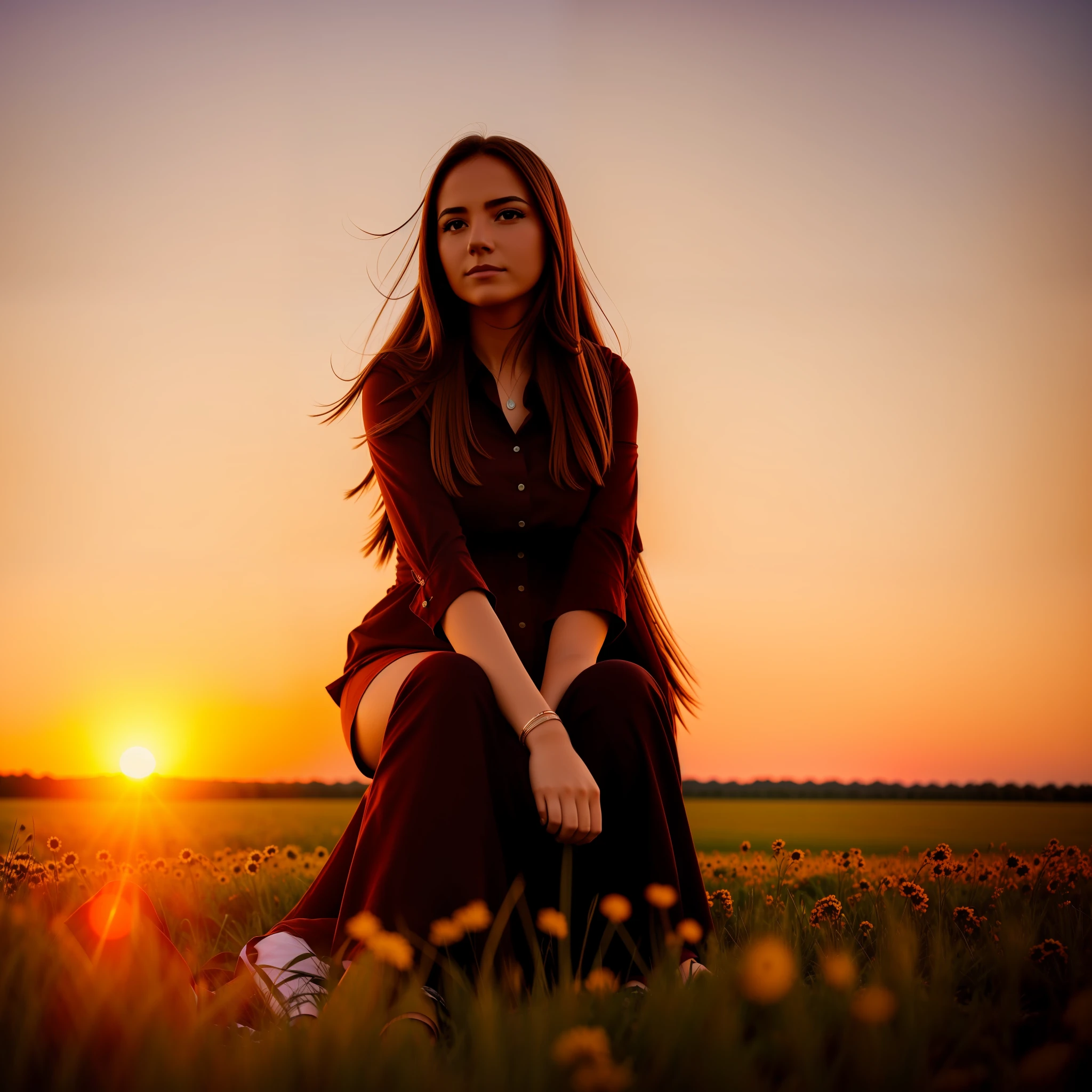 a woman named Jessica sitting in field, sunset, 4k photo portrait