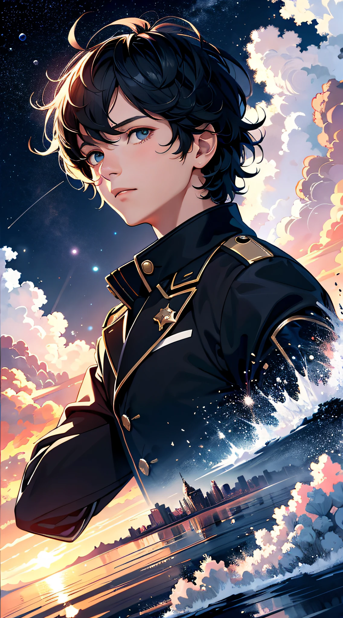 A high resolution, (tmasterpiece:1.4), ultra - detailed, A boy with, looking from above, the space, afloat,starrysky,Large expanses of clouds