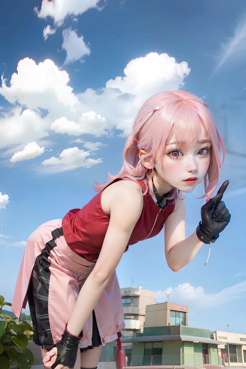 1girl, haruno sakura, pink hair, red clothes, green eyes, realistic, ultra detail