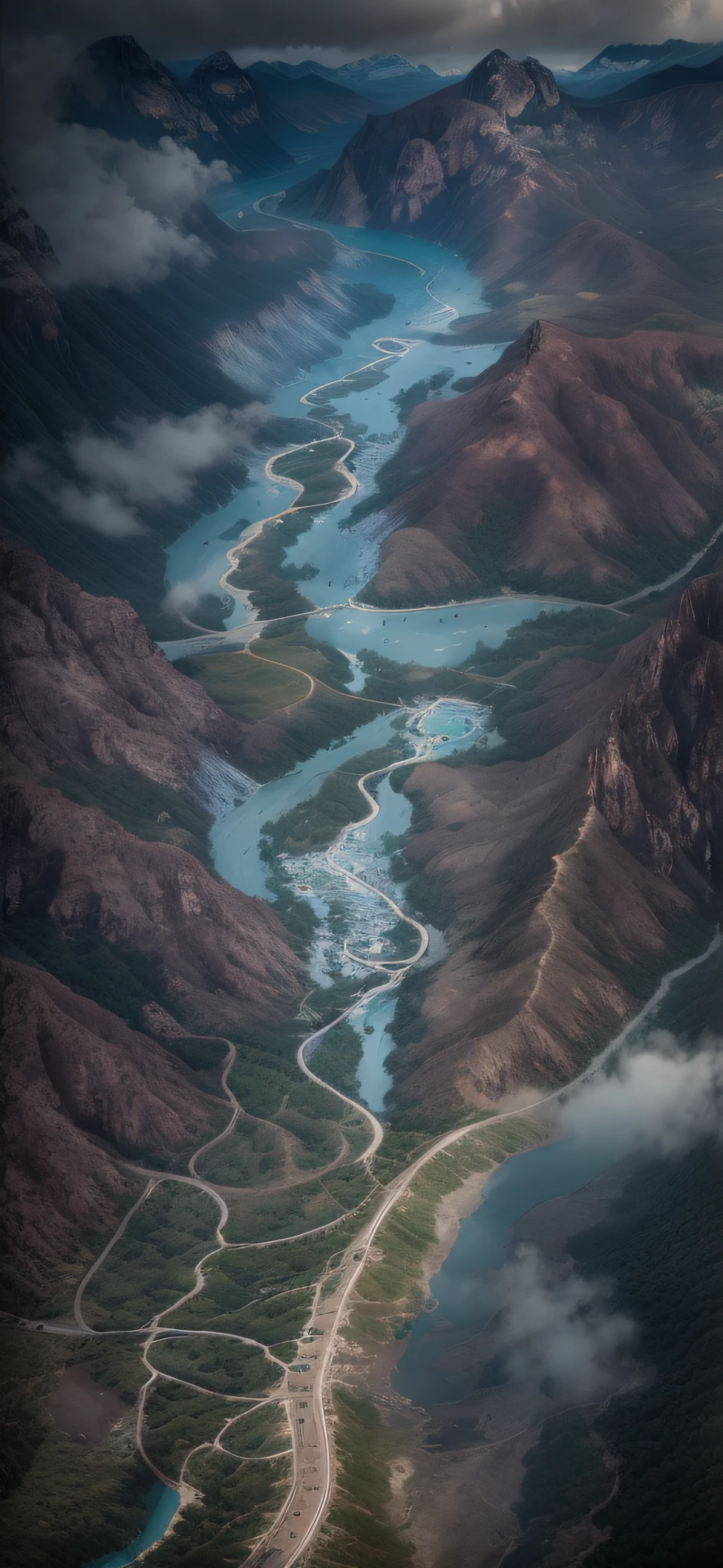 aerial shot，Overlooking，mountain peaks，rios，Meandering，Clouds，(Complicated details)，hdr，(Complicated details，hyperdetailed:1.2)，Cinema lenses，Vignette，at centre