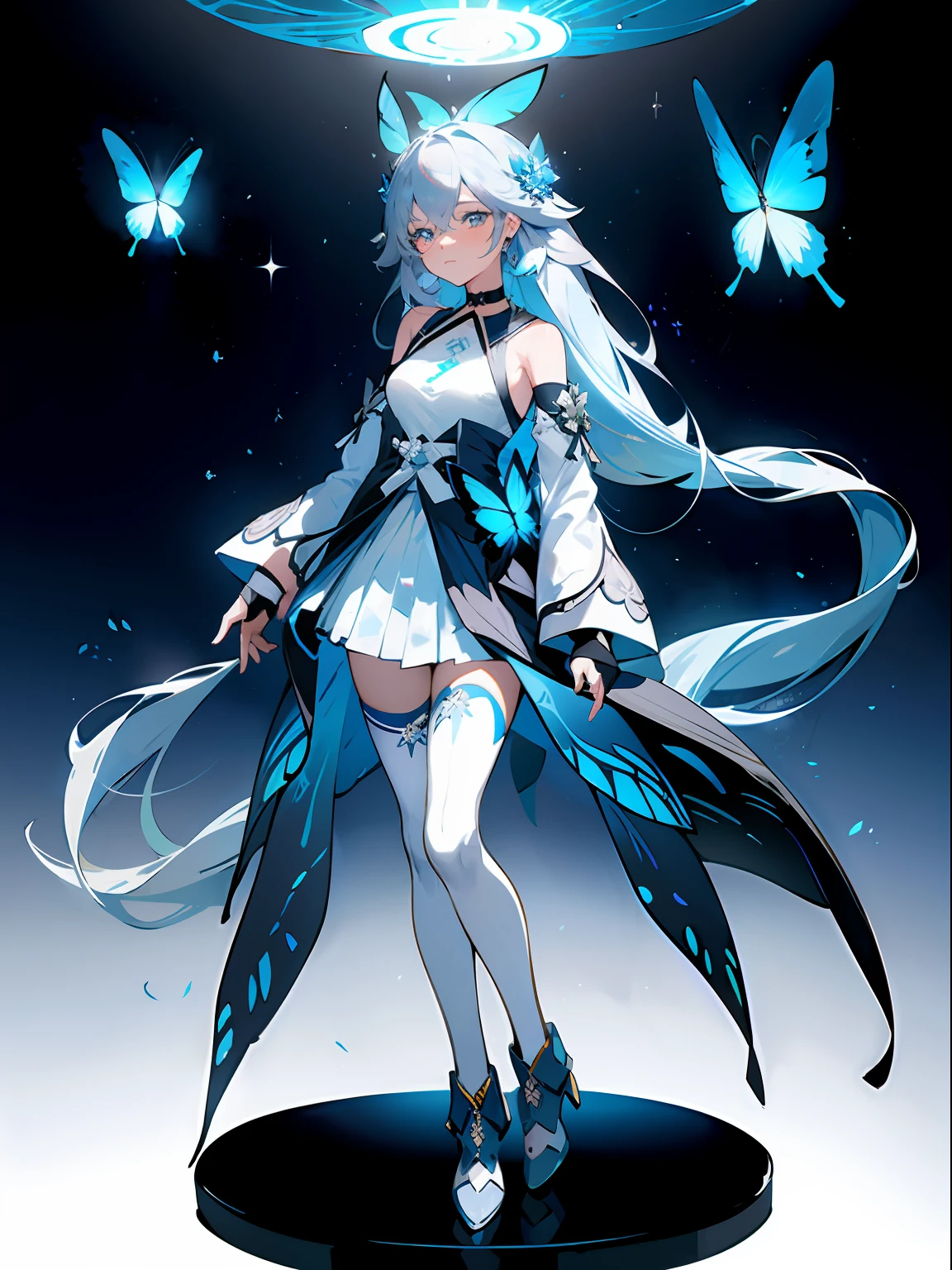 21charturnerv2,charturnbetalora,Shinkai sincerely,Kimi no Nava.,(fantasy:1.4), (azureblueeyes:1.233),Her eyes shone like dreamy stars,(Glowing eyes:1.233),(Beautiful and detailed eyes:1.1),(Silver hair:1.14),(Messy hair,Very long hair,french braid,hair between eye,side locks), (+(bule hair flower:1.14)),(Chiffon dress,bule flower pattern in uniform)/=(army suit:1.24),(Detached sleeves,Wide sleeves),(Fingerless gloves),choker necklace,(miko thighhighs),high heels boots,(Expressionless,Closed mouth),(standing),Dreamy,soul,(Fluorescence),(flying translucent blue butterflies:1.15), [[Delicate fingers and hands:0.55]::0.85],(Detail fingers),White background, full bodyesbian,Boolean themes,，dreamy background