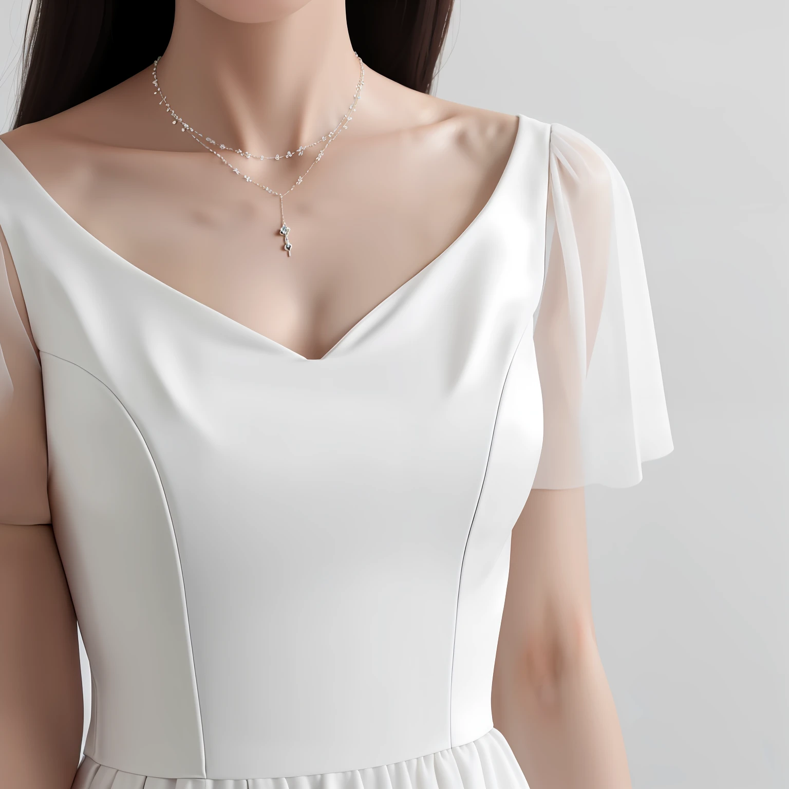 a close up of a woman wearing a white dress and a necklace, high detal, fine simple delicate structure, attractive neck, 2023 4K