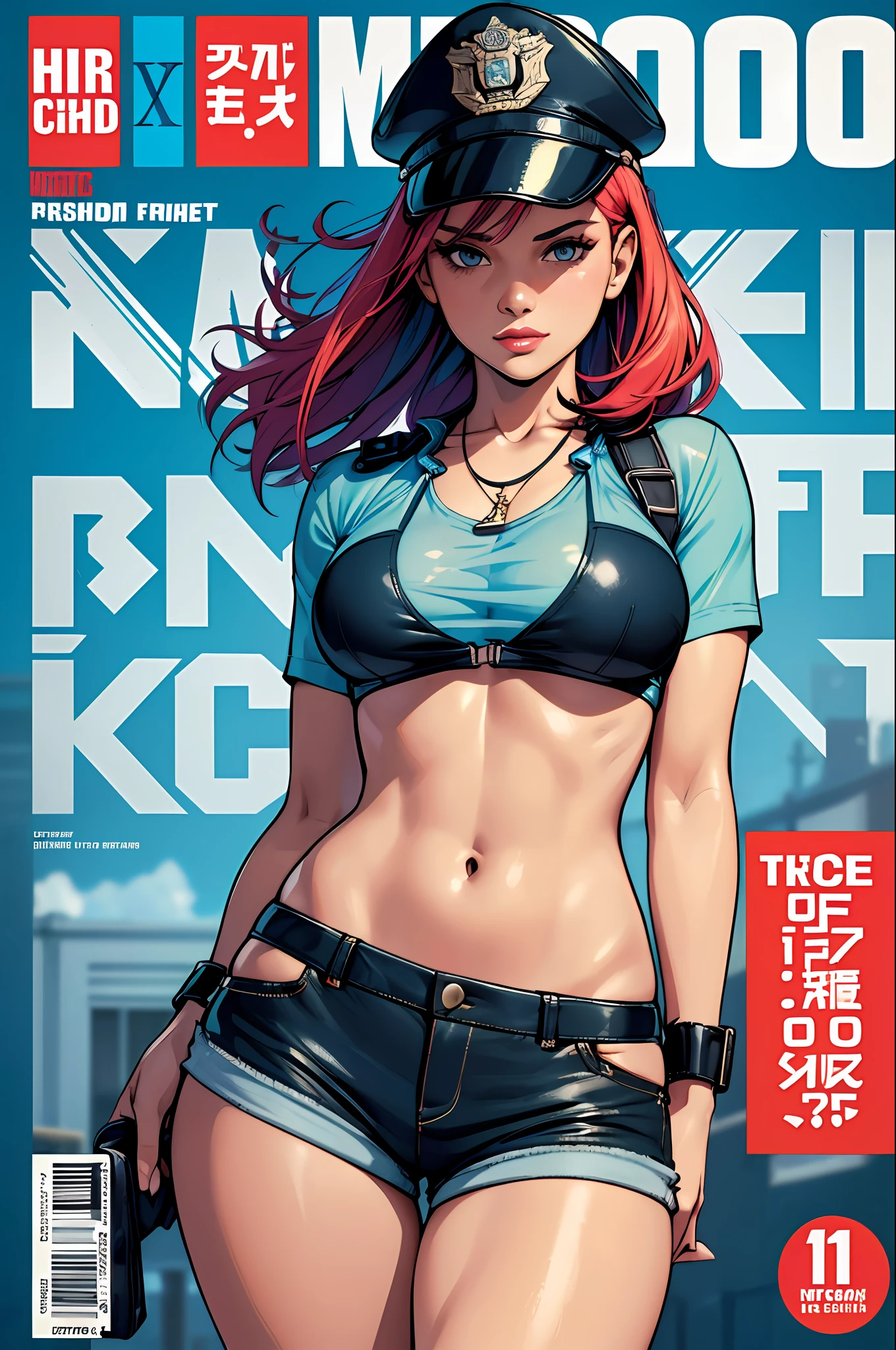 ((((best quality))), (((ultra detailed))), (((masterpiece))), illustration,(Magazine cover-style illustration of a fashionable woman in a vibrant outfit), posing in front of a colorful and dynamic background. She has a confident expression and is holding a statement accessory, The text on the cover should be bold and attention-grabbing, with the title of the magazine and a catchy headline. The overall style should be modern and trendy, with a focus on fashion and lifestyle),
wall paper,crowds,fashion,Lipstick,ray tracing,depth of field, street,in public,day
1girl,solo,looking at viewer, glossy skin, contrapposto, navel, midriff, necklace, female focus,model,medium breasts, ,street,in public,police hat, police uniform, handcuffs,short shorts, arms crossed,
cool, see-through, school uniform,jitome,
,underboob,floating hair, sexy ,fine fabric emphasis