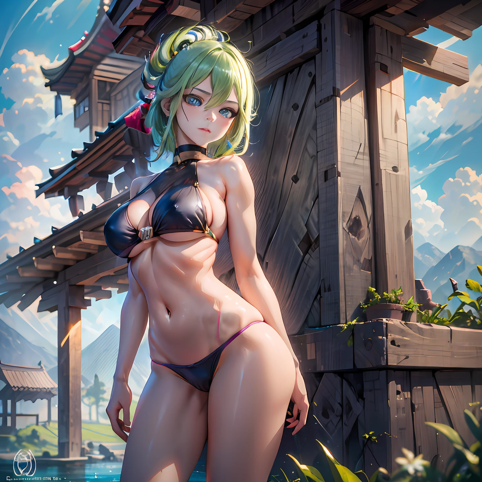 (NSTDA.:1.2), (10, beste-Qualit, master-piece: 1.4), ultra-high resolution, (lifelike, photorealistic portrait: 1.48), 25 years old, Cute Girl, (See through the microcolor bikini beetle:1.11), Famous Japanese actors, gigantic breasts, Blue Eyes, Head tilt, cowboy shot, from the side, looking at the audience, expressionless, Beautiful lake, Zeiss 150mm F/ 2.8 Hasselblad, Whole body, foot, Ultra-Wide Angle