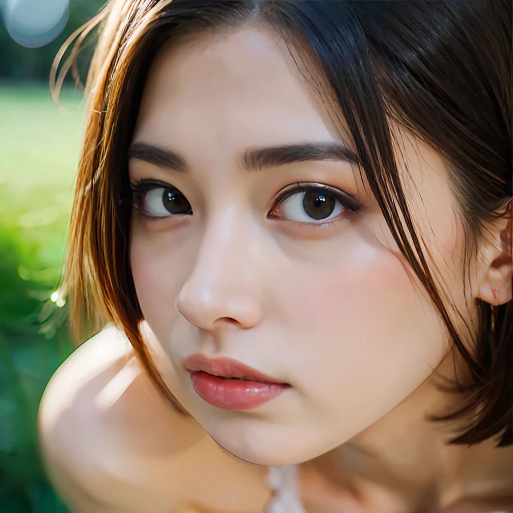 (Best Quality, masterpiece, Ultra High Resolution, (Photorealistic:1.4), Raw photo), (1girl, Upper body, looking at viewer), (yellow lace brassiere, white lace panties), big breasts, Black medium bob hair, beautiful and shiny skin, very beautiful face, perfect eyes