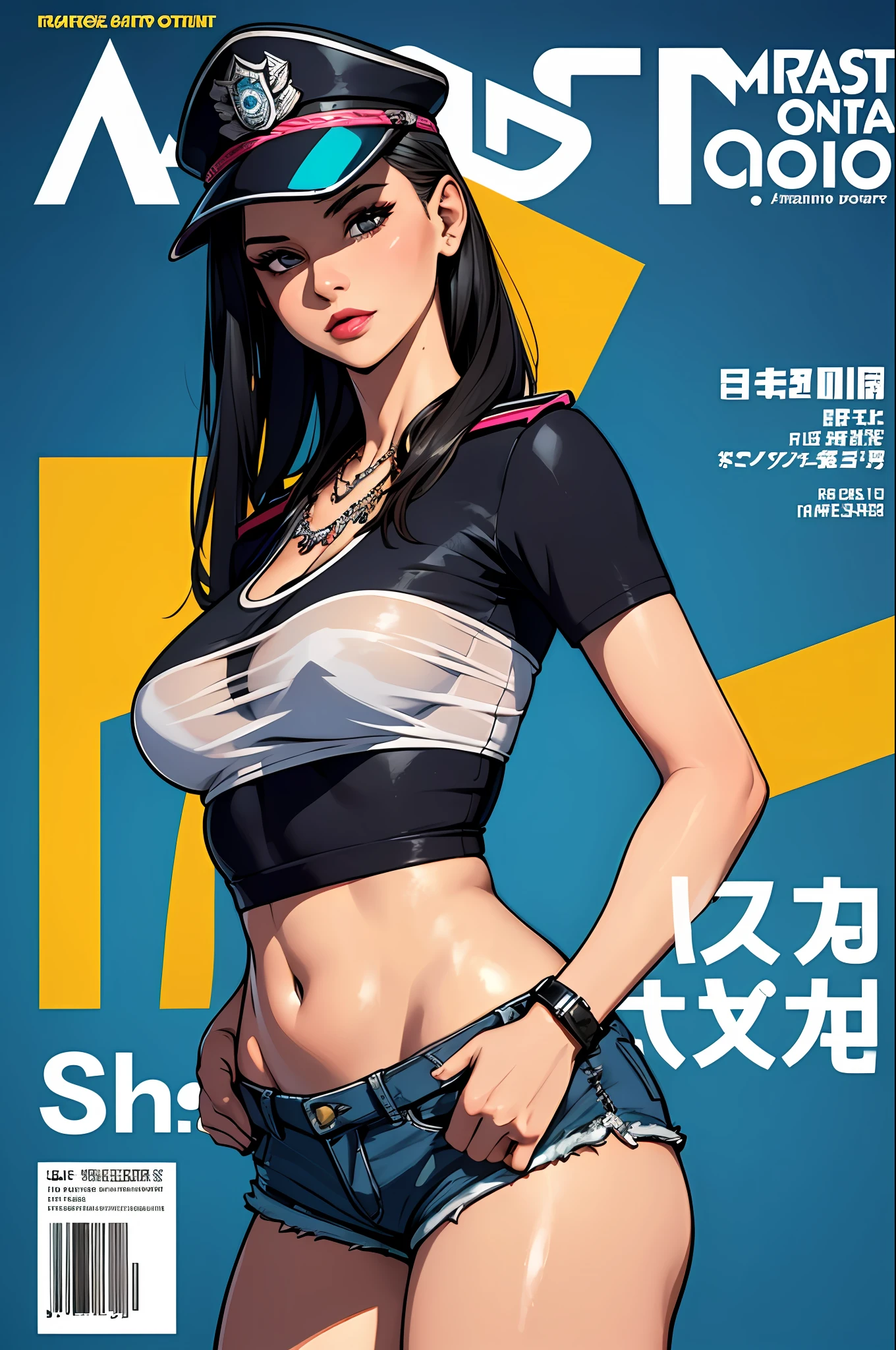 ((((best quality))), (((ultra detailed))), (((masterpiece))), illustration,(Magazine cover-style illustration of a fashionable woman in a vibrant outfit), posing in front of a colorful and dynamic background. She has a confident expression and is holding a statement accessory, The text on the cover should be bold and attention-grabbing, with the title of the magazine and a catchy headline. The overall style should be modern and trendy, with a focus on fashion and lifestyle),
wall paper,crowds,fashion,Lipstick,ray tracing,depth of field, street,in public,day
1girl,solo,looking at viewer, glossy skin, contrapposto, navel, midriff, necklace, female focus,model,medium breasts, ,street,in public,police hat, police uniform, handcuffs,short shorts, arms crossed,
cool, see-through, school uniform,jitome,
,underboob,floating hair, sexy ,fine fabric emphasis