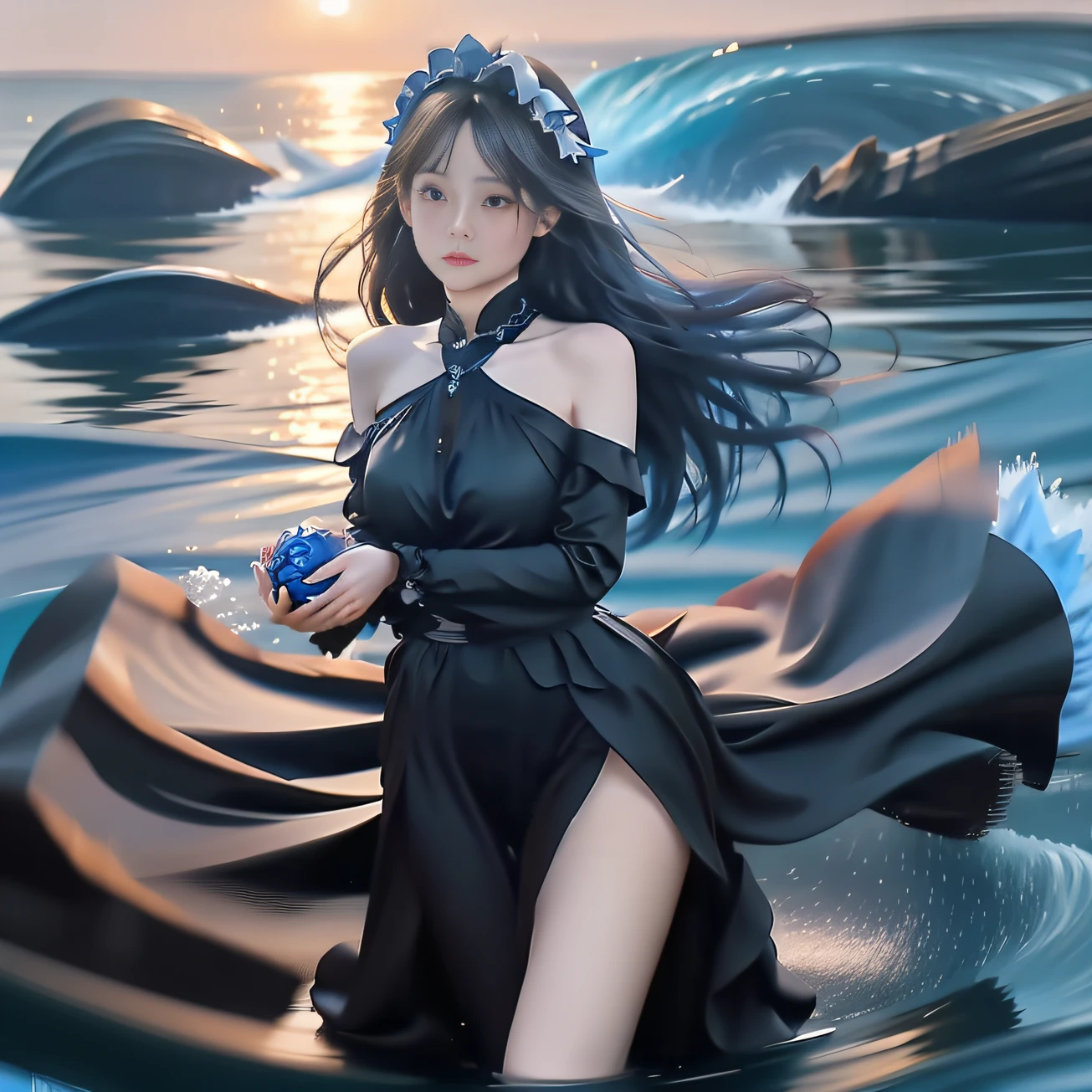 Gentle woman in conservative black silk long dress，Embrace a handful of blue roses，Tears glow in his eyes。She stood on the shore，Blue waves emit blue light，The breeze ruffled her silky long hair and flowing skirt。The ocean is romantic。hyper HD，32K --v 6
