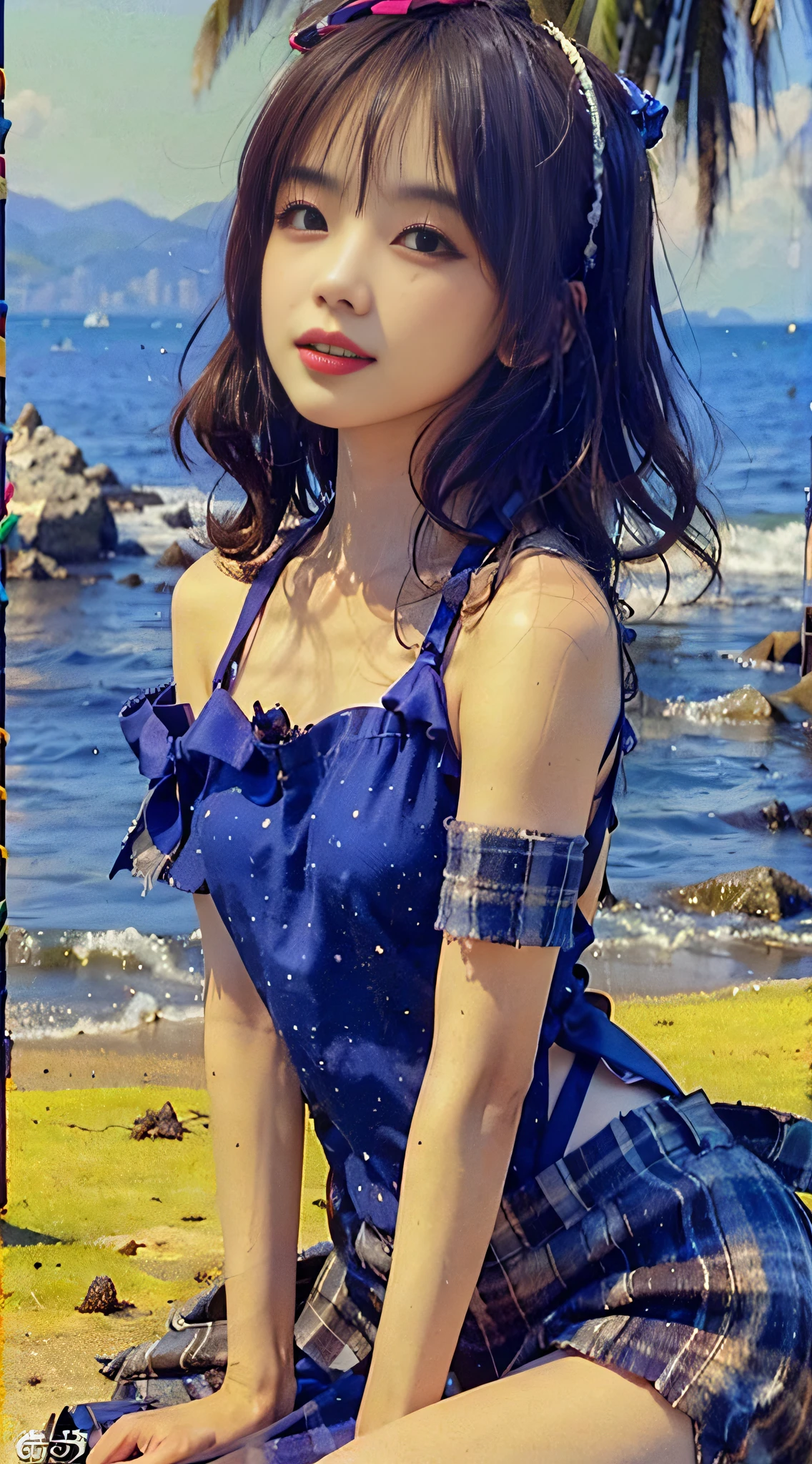 （4K transparent high-quality photos，a warm color palette，Soft natural light，professional photoshooting）（Masterpiece,High-quality portrait close-up，Side angle）（15year old，French bangs，Cute lace suspender swimsuit（1.2），Mini-plaid skirt（1.2），short detailed hair（1.2），perfect body figure（1.2），Sexy and cute Wang Bingbing sitting on the beach body，Facing the sea head-on，Review，Bigchest（1.2），broad shoulder（1.2），big assa（1.2），Long fair legs（1.2），Small lips（1.2），Wear a bow on your head，delicate finger（1），Water on the body（1.2））（blue clear skies（1.2），On the beach by the sea(1.2)）