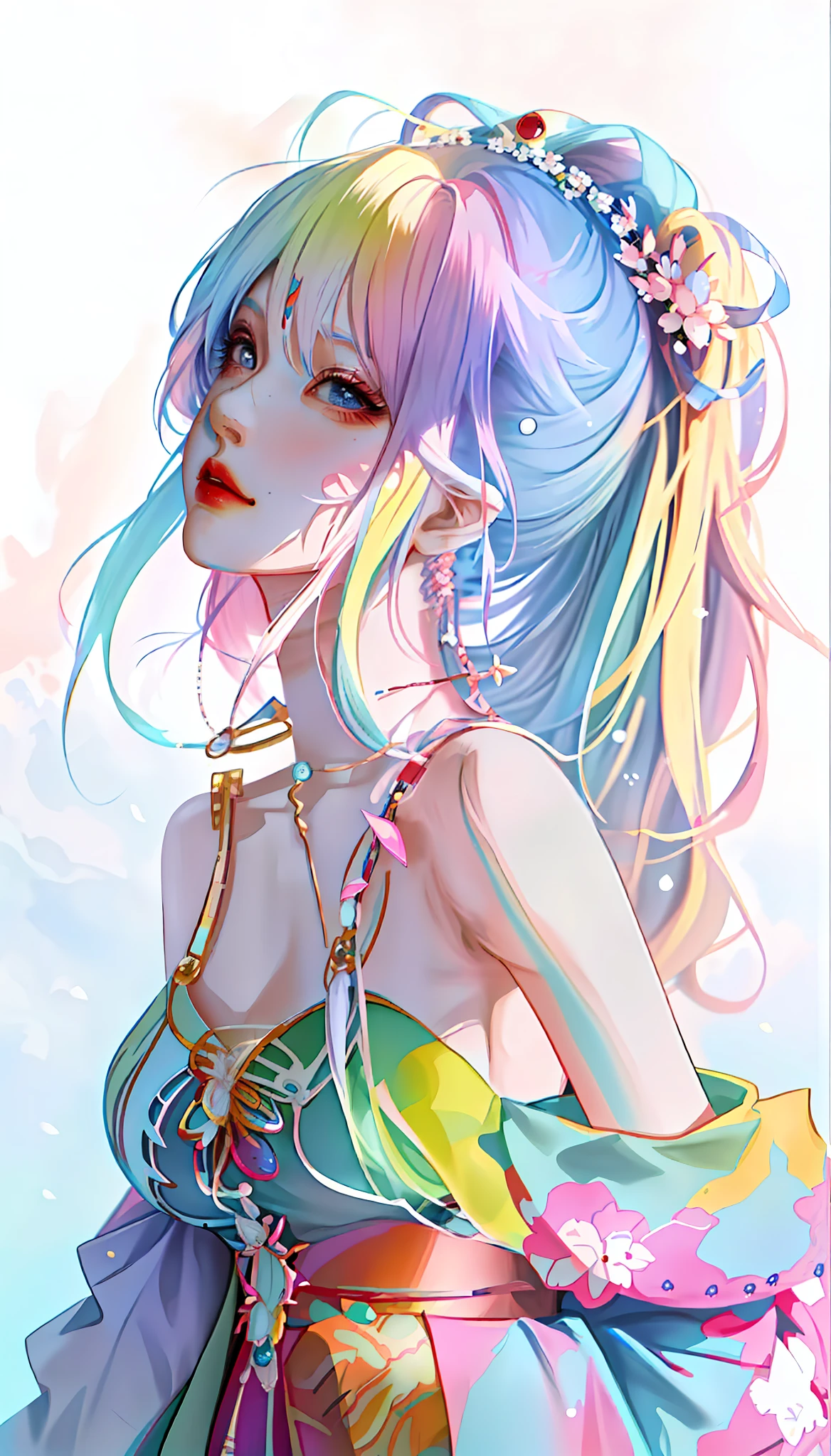 Anime girl with colorful hair and colorful clothes,Rosla's soft vibrancy,Rosslas cartoon vitality,style of anime4 K,a beautiful anime portrait,The artistic germ is rich and colorful!!!,Beautiful anime girls,!Dream Artgerm,anime styled digital art,Digital anime art,Anime art wallpaper 4k,Anime art wallpaper 4 K,extremely detailed art germ ,tmasterpiece,Very detailed,Ultramarine background,Big