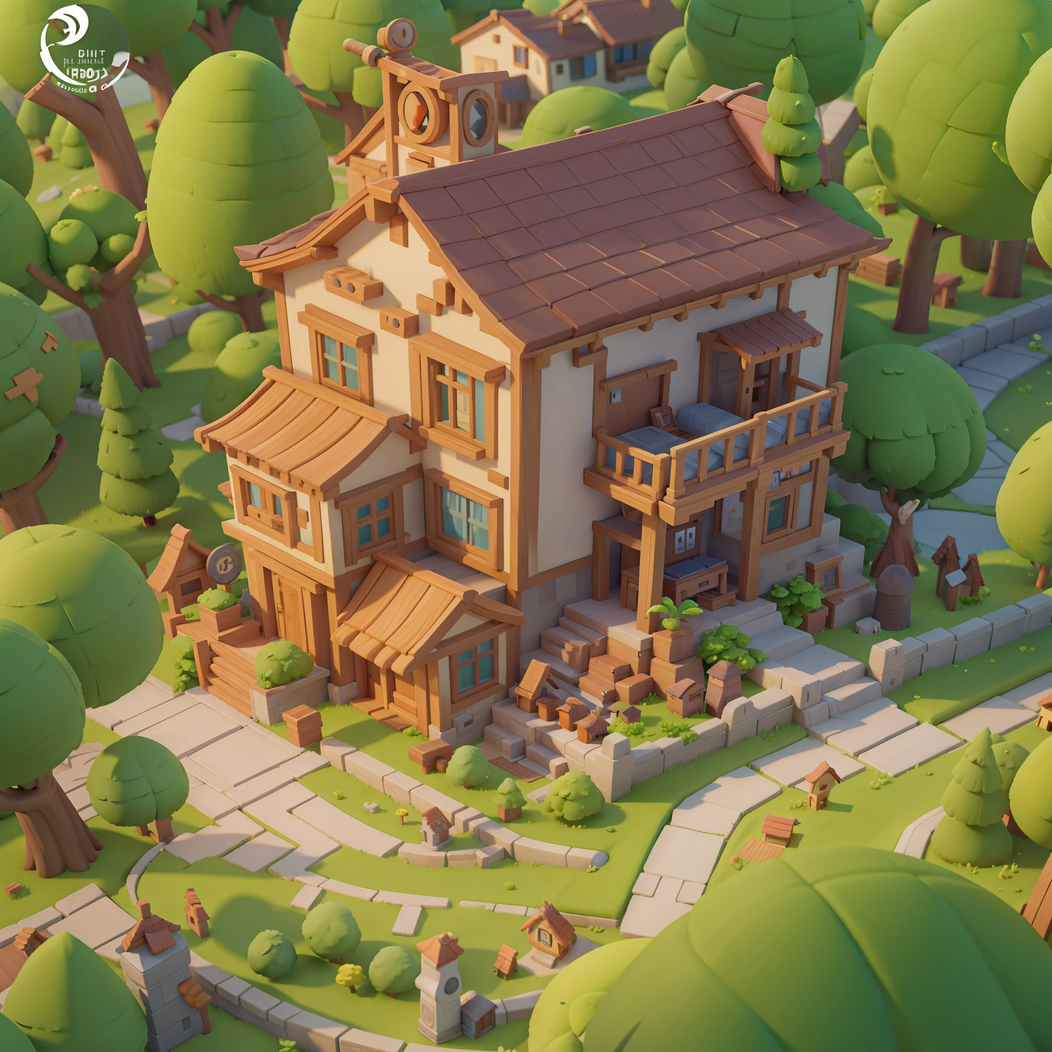 Game architectural design, cartoon, house, trees, casual game style, 3d, blender, closeup, masterpiece, super detail, best quality