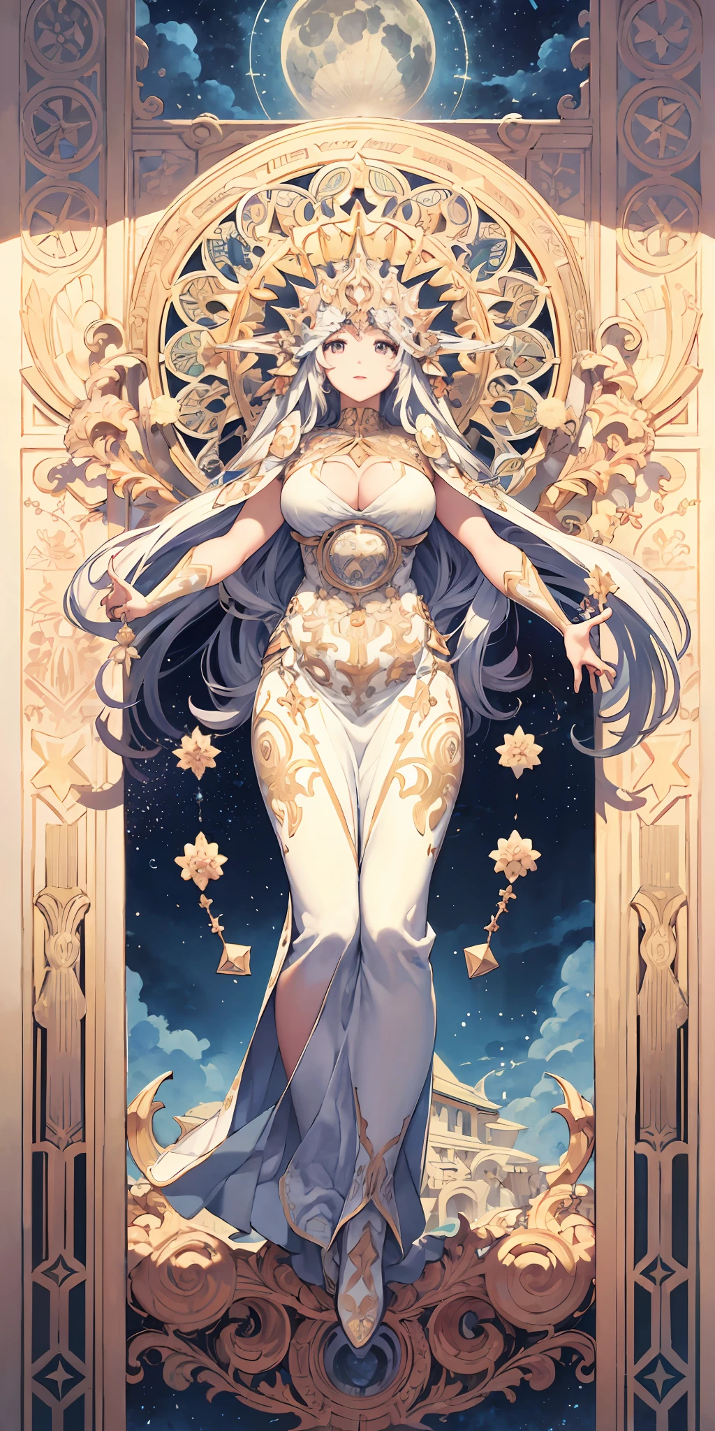 Gaia, Mother God,august,Great,Plump Goddess,white apparel,full bodyesbian,Flower frame,Decorative panels, abstract artistic, Alphonse Mucha (tmasterpiece, best qualtiy, A high resolution: 1.4), A detailed, Complicated details, 4K, Color splattering, Line art, Fibonacci, starrysky, natta, exteriors, Clouds, Reflectors, Eau, magick, (tarot cards),Cards, ((beautiful golden crystal star)) buliding, palaces, Patterned, Sumeru, Clouds, themoon