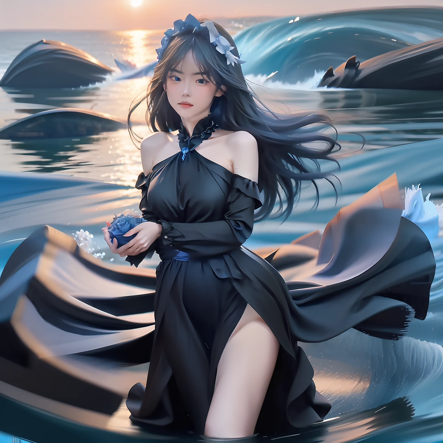 Gentle woman in conservative black silk long dress，Embrace a handful of blue roses，Tears glow in his eyes。She stood on the shore，Blue waves emit blue light，The breeze ruffled her silky long hair and flowing skirt。The ocean is romantic。hyper HD，32K --v 6