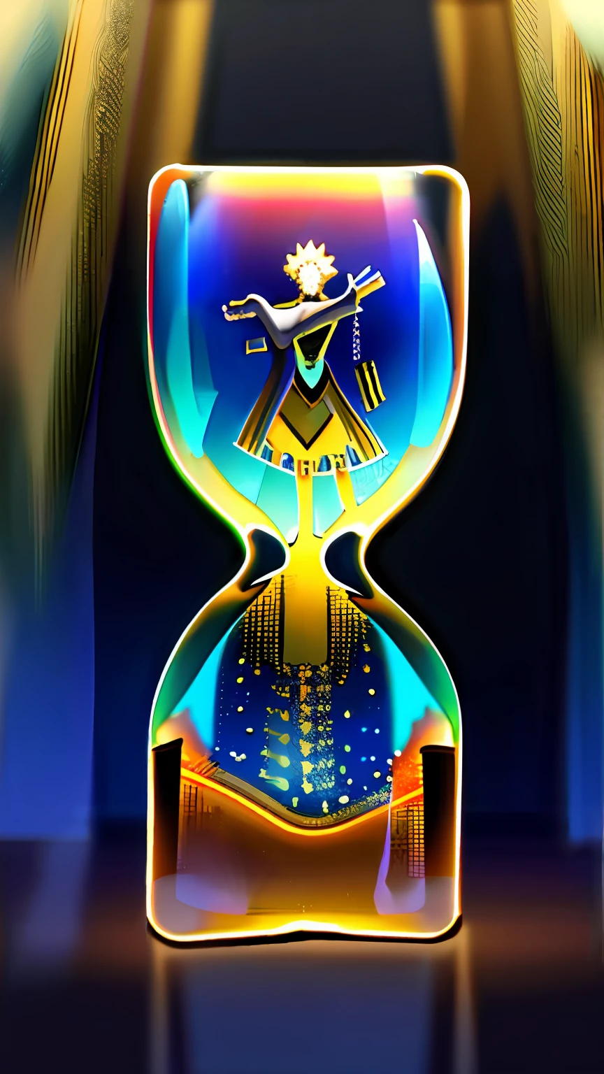 There is a picture of a sand clock，There is a picture of a man and a woman on it, Hourglass ⌛️, hour glass, trapped inside an hourglass, Crystallization time distortion, hour glass, frozen time effect, Hourglass intricate details, anime art nouveau cosmic display, Time fragments, illusion of bent time, 2 b, 2b